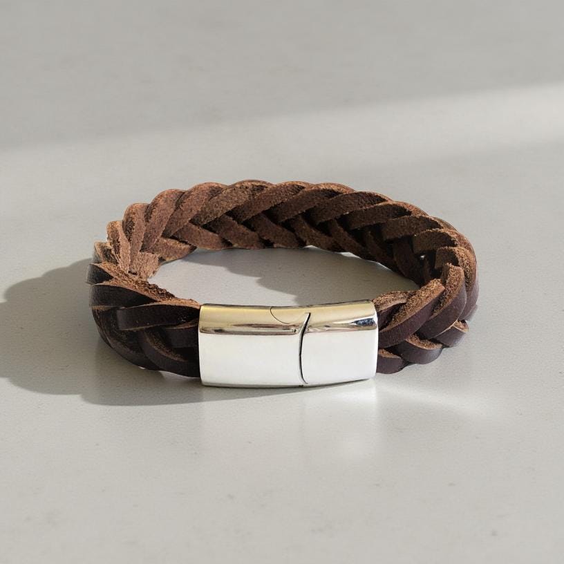 Braunes geflochtenes Lederarmband für Männer | Verschluss Edelstahl | Herrenarmband | Geschenk Vatertag