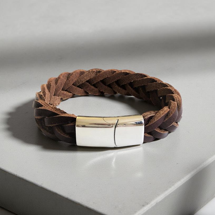 Braunes geflochtenes Lederarmband für Männer | Verschluss Edelstahl | Herrenarmband | Geschenk Vatertag