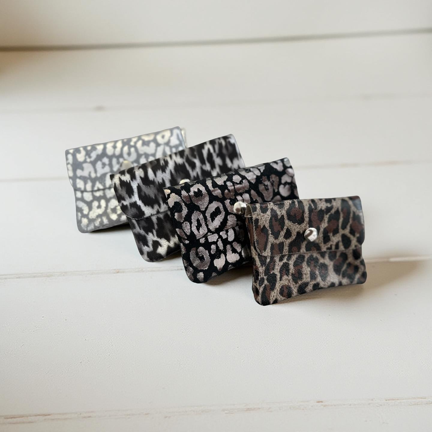 Mini Geldbörse | Echt Leder Leo Print | silberne Lederbörse | kleines Portemonnaie | Geldtasche Leopardenmuster