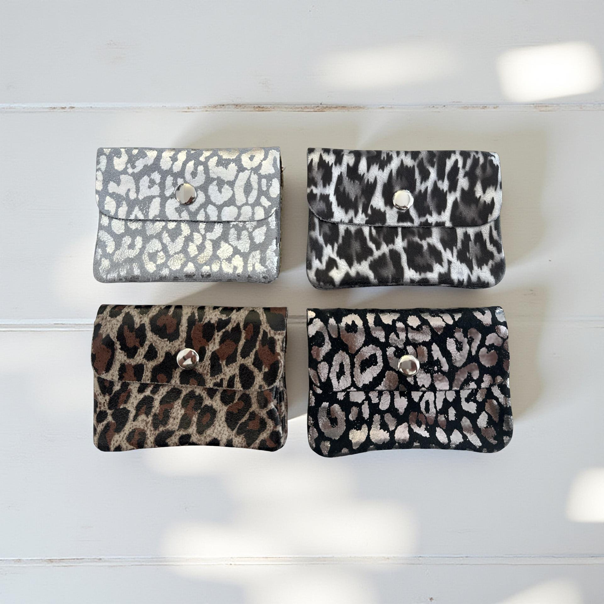 Mini Geldbörse | Echt Leder Leo Print | silberne Lederbörse | kleines Portemonnaie | Geldtasche Leopardenmuster