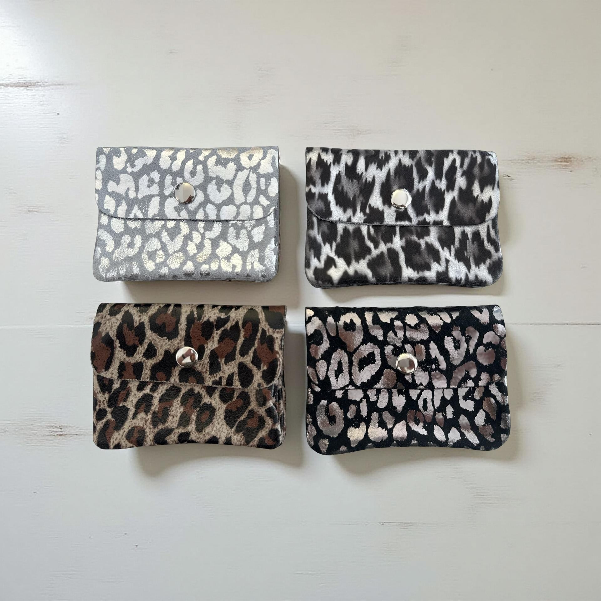 Mini Geldbörse | Echt Leder Leo Print | silberne Lederbörse | kleines Portemonnaie | Geldtasche Leopardenmuster