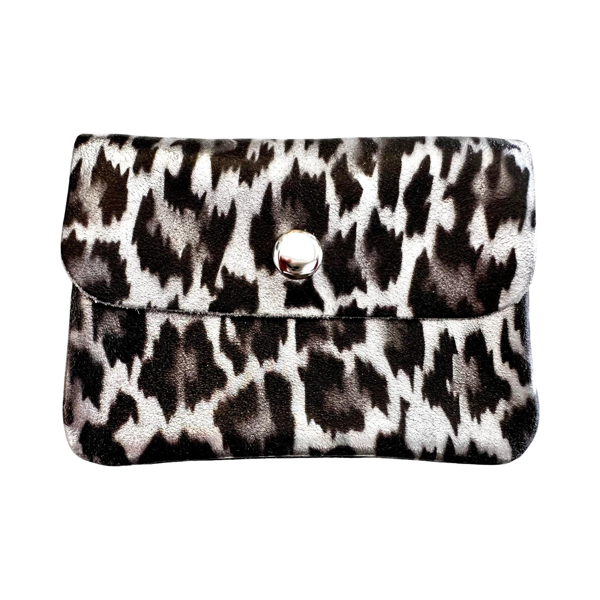 Mini Geldbörse | Echt Leder Leo Print | silberne Lederbörse | kleines Portemonnaie | Geldtasche Leopardenmuster
