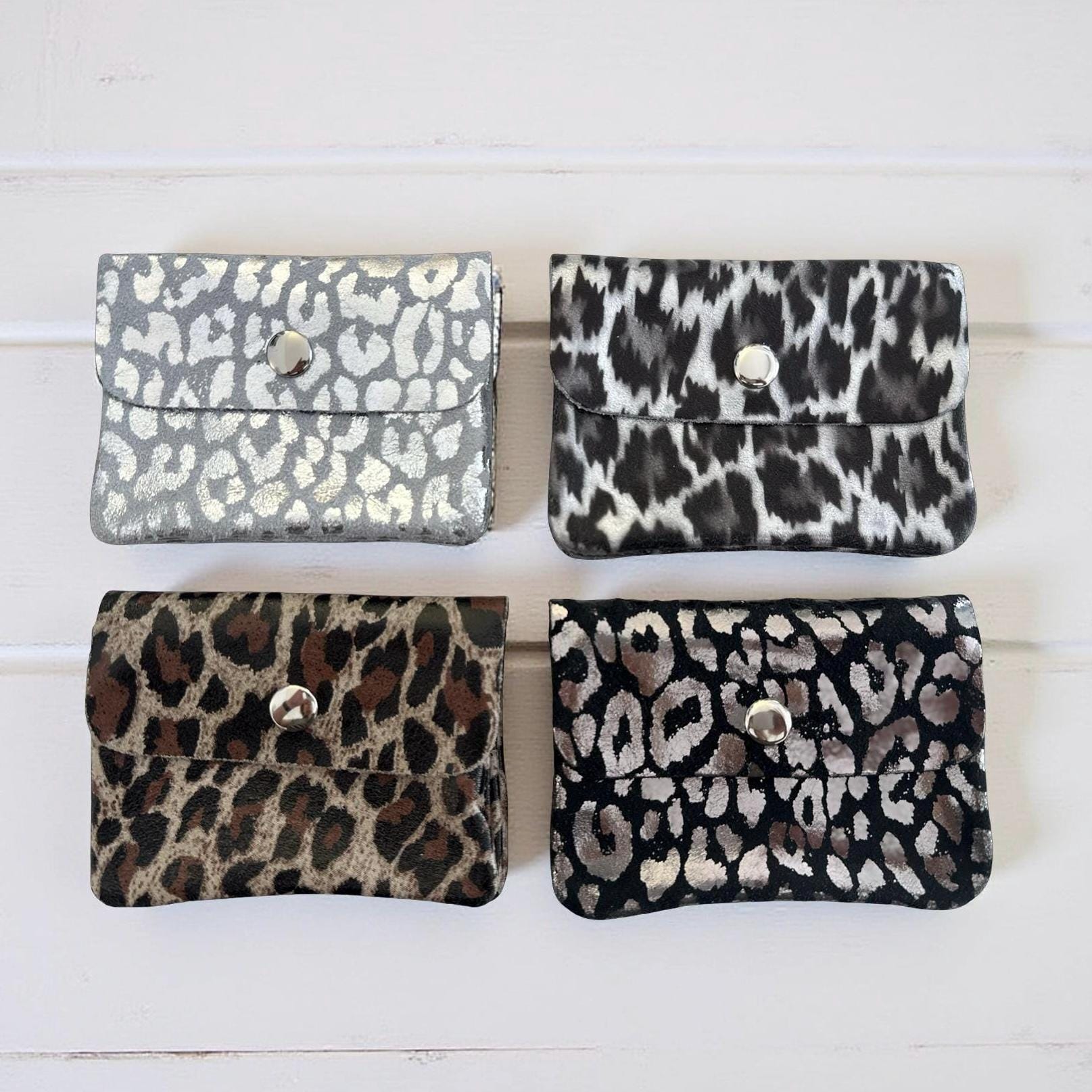 Mini Geldbörse | Echt Leder Leo Print | silberne Lederbörse | kleines Portemonnaie | Geldtasche Leopardenmuster