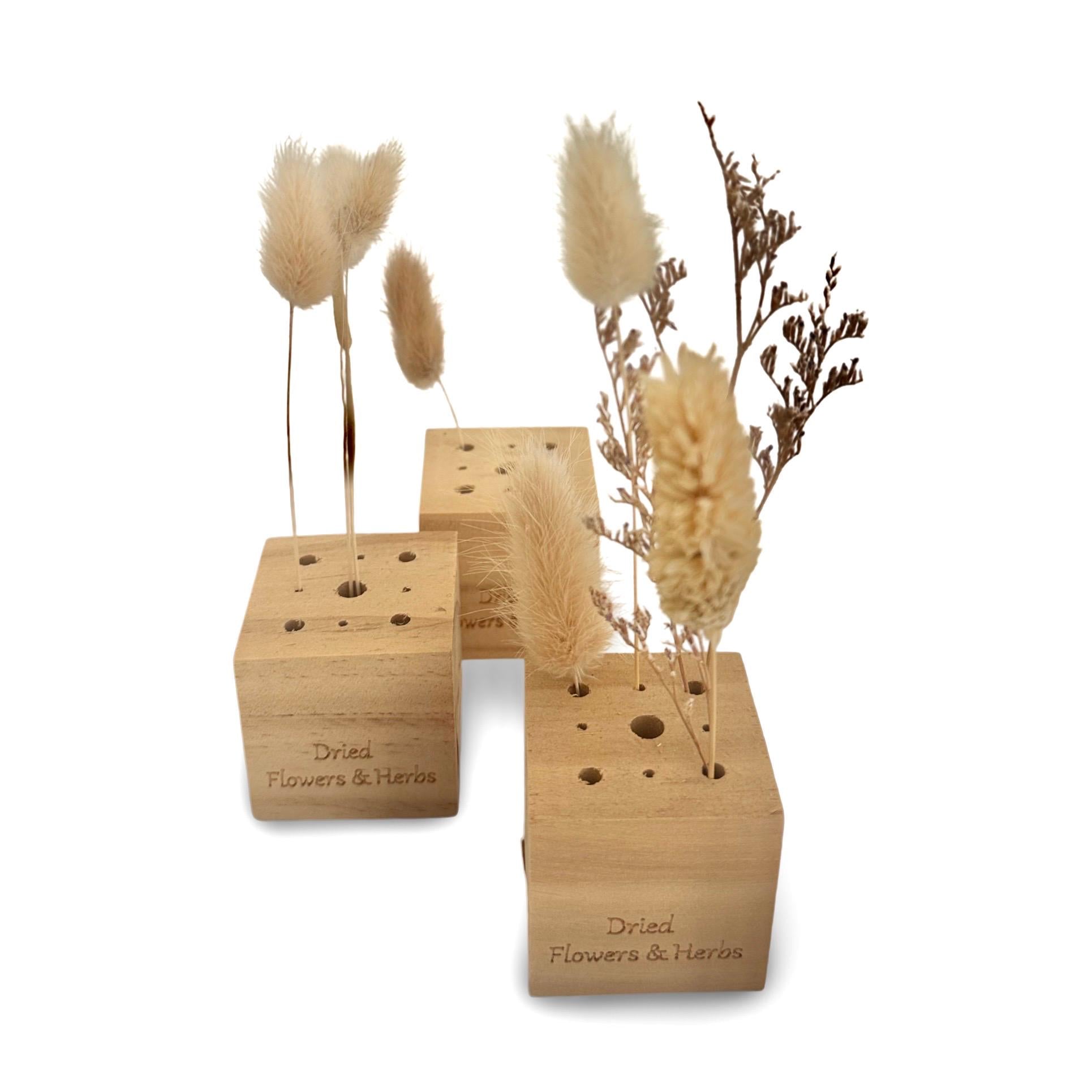 Dried Flowers | Holzwürfel aus Holz | Ständer Trockenblumen Federn | Boho | kleines Geschenk