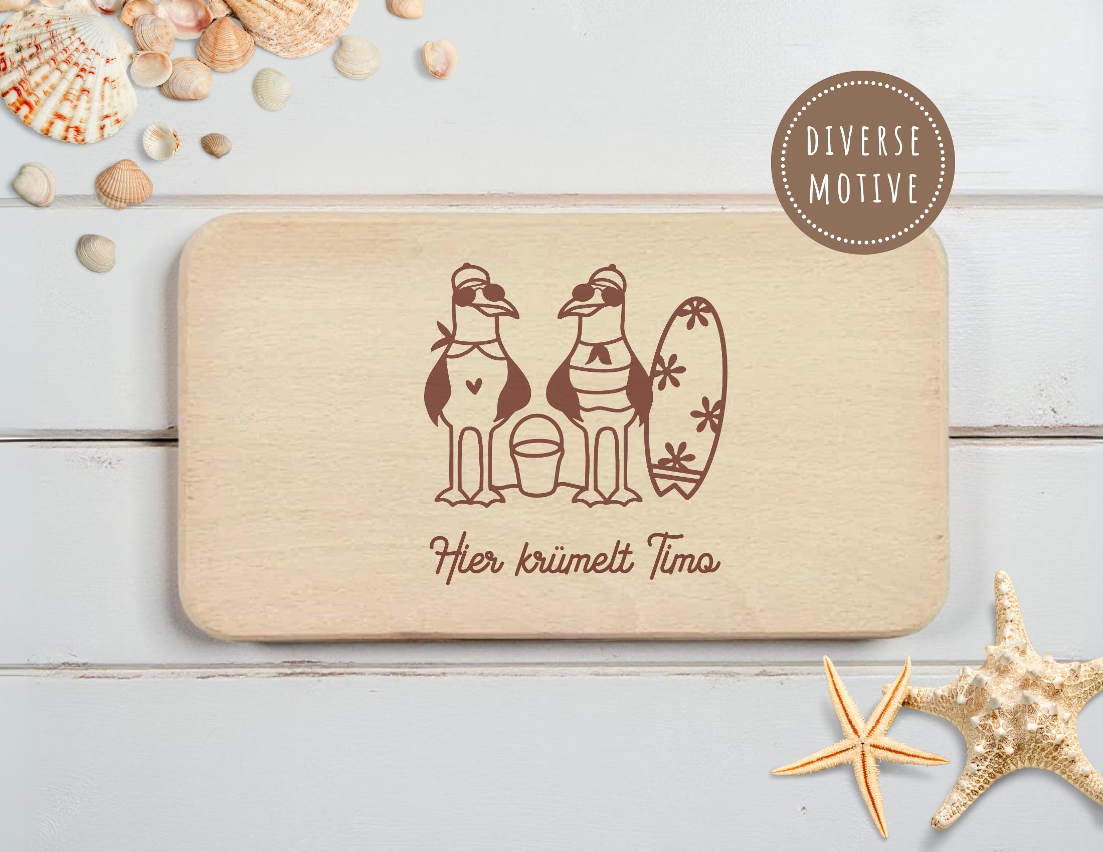 Personalisiertes Frühstücksbrettchen | maritime Motive Möwe | Lasergravur | Buchenholz | Moin Strand Meer | Geschenkidee Camping Kinder