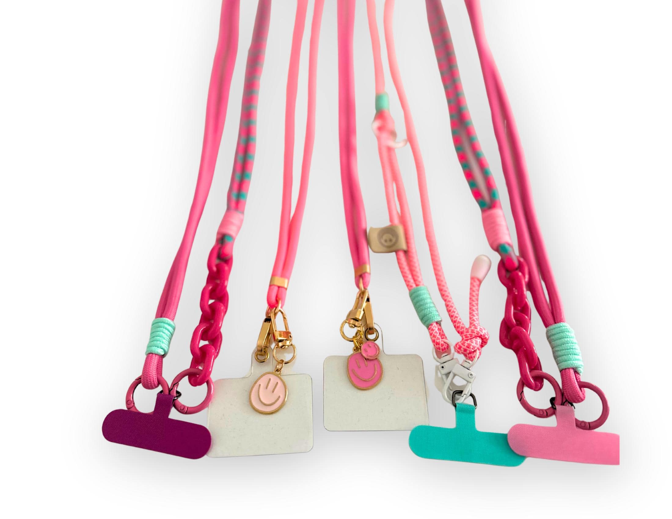 Bunte Handyketten | universal Schnur Band für Mobiltelefone inkl. Adapter | pink | Smiley Anhänger | Ketten Glieder in pink