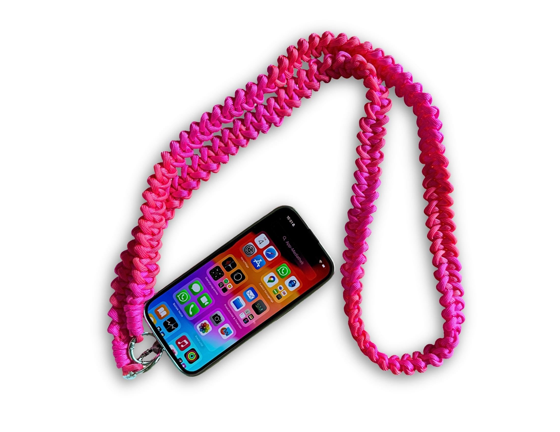 Handyschnur geknüpft Makramee | pink orange | Band für Mobiltelefone inkl. Adapter | Taschengurt | changierender leuchtender Farbverlauf