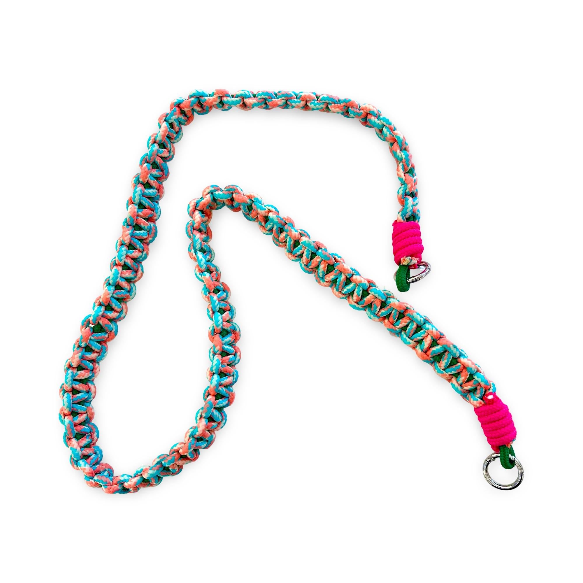 Handykette | dicker Handygurt aus Seil Maktramee geknüpft | als Handyband oder Taschengurt - in leuchtendem Neon Pink mit Türkis und Orange