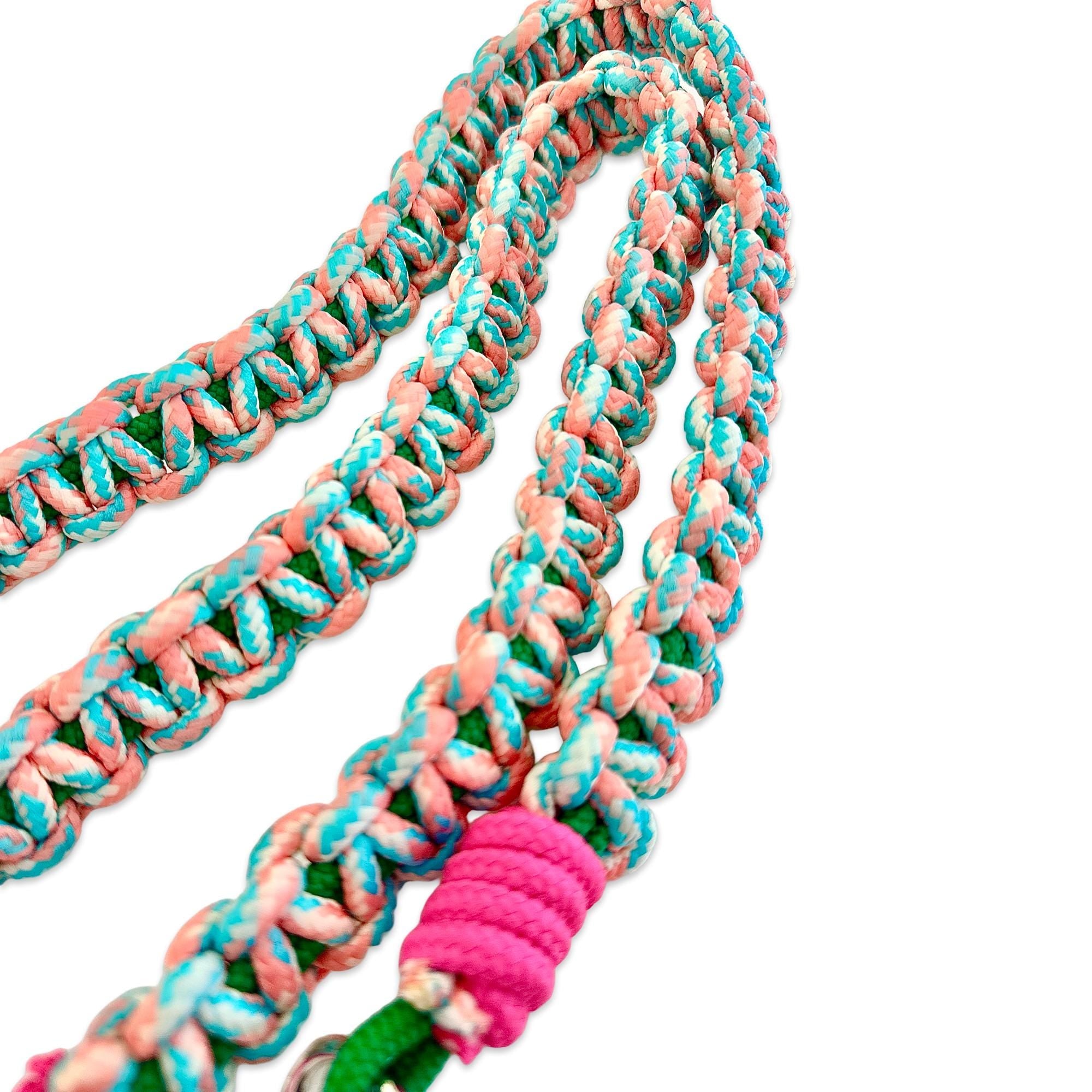 Handykette | dicker Handygurt aus Seil Maktramee geknüpft | als Handyband oder Taschengurt - in leuchtendem Neon Pink mit Türkis und Orange