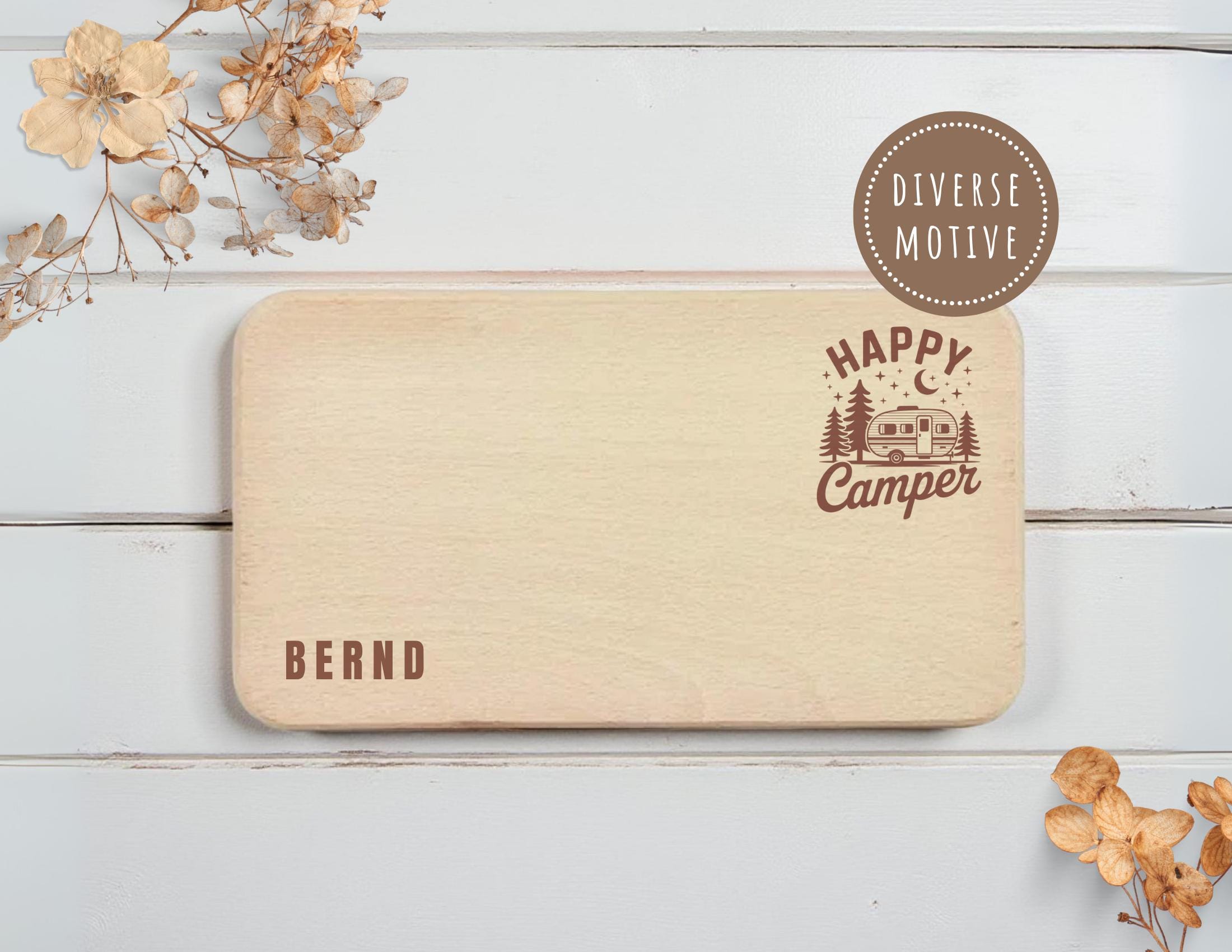 Personalisiertes Frühstücksbrettchen für Camper | Lasergravur | Buchenholz | Geschenkidee Camping mit Namen