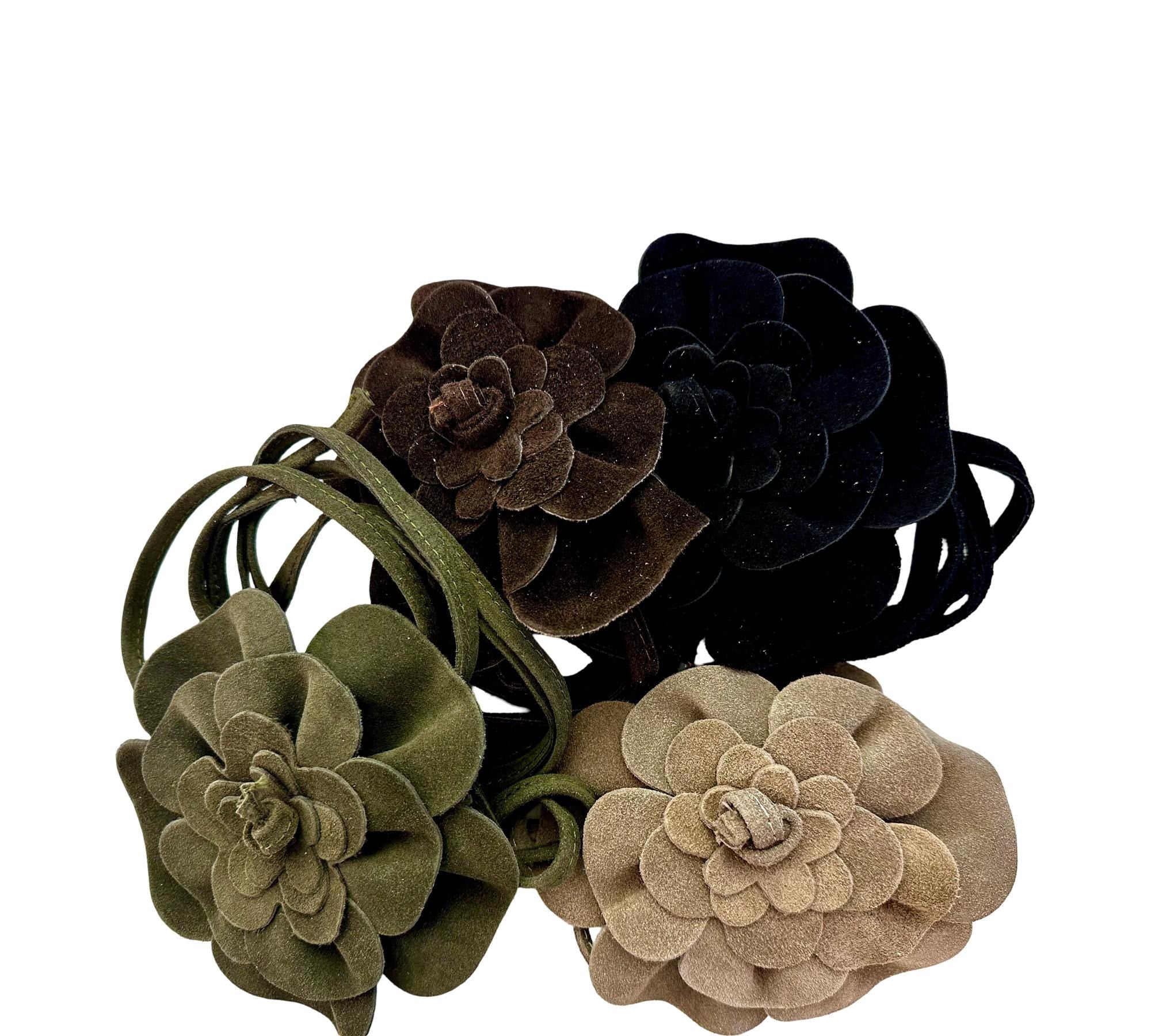 Blumen Leder Gürtel | Bindegürtel Blüte | große Lederblume | schwarz, gold, pink, taupe, flieder, silber, Leo, Khaki, Braun | echt Leder