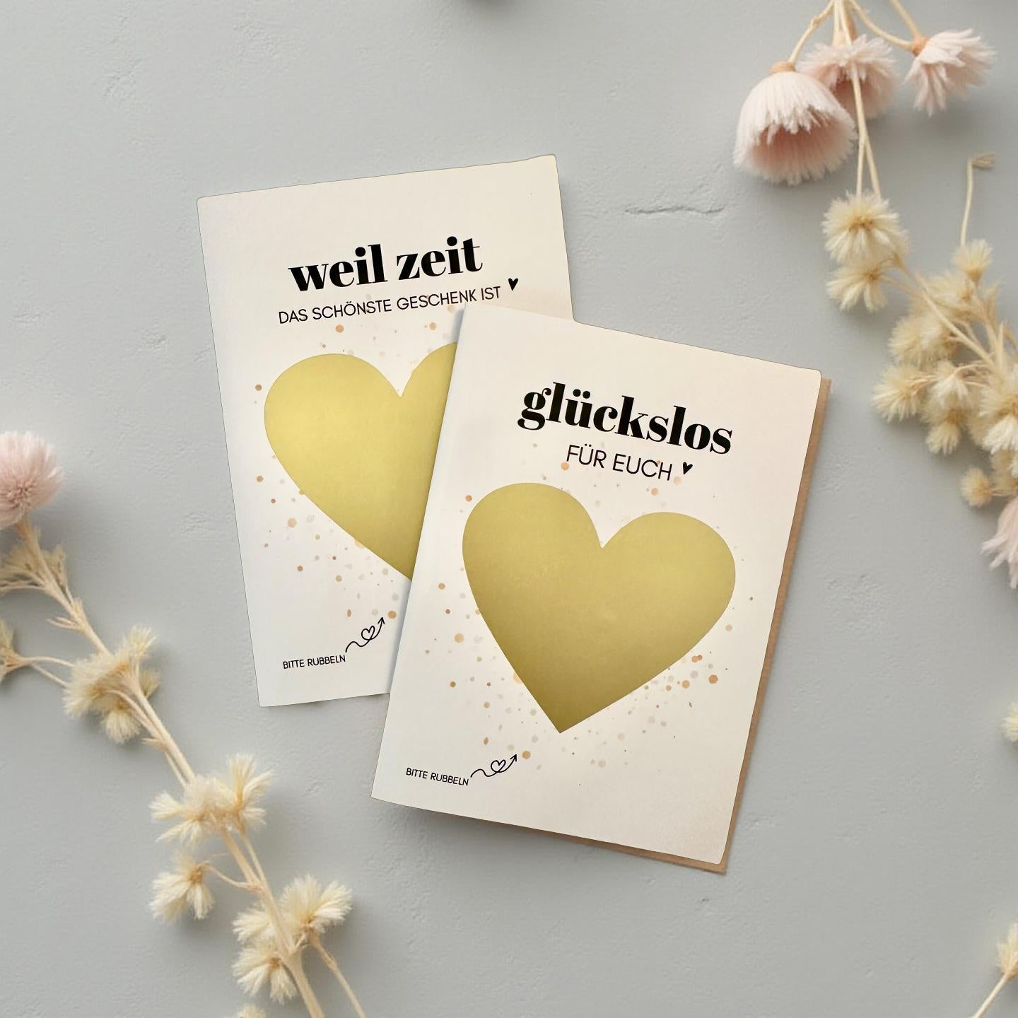 Personalisierte Rubbelkarte mit Rubbelherz und Deinem Text | Klappkarte A6 | Gutschein | Herz in gold, silber, roségold - 24 Motive