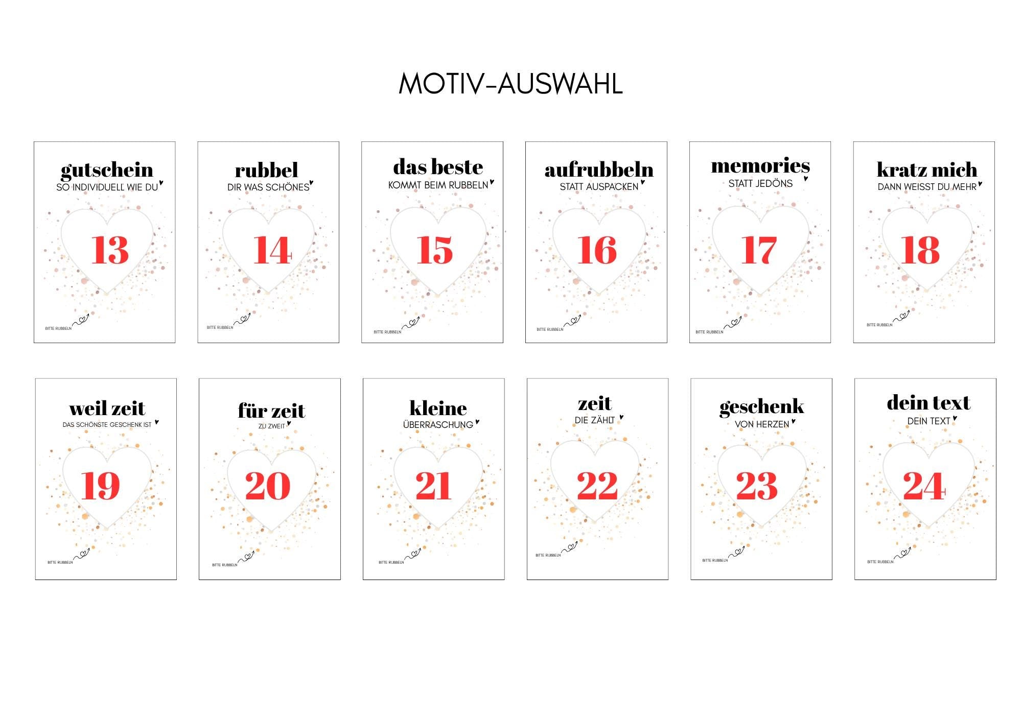 Personalisierte Rubbelkarte mit Rubbelherz und Deinem Text | Klappkarte A6 | Gutschein | Herz in gold, silber, roségold - 24 Motive