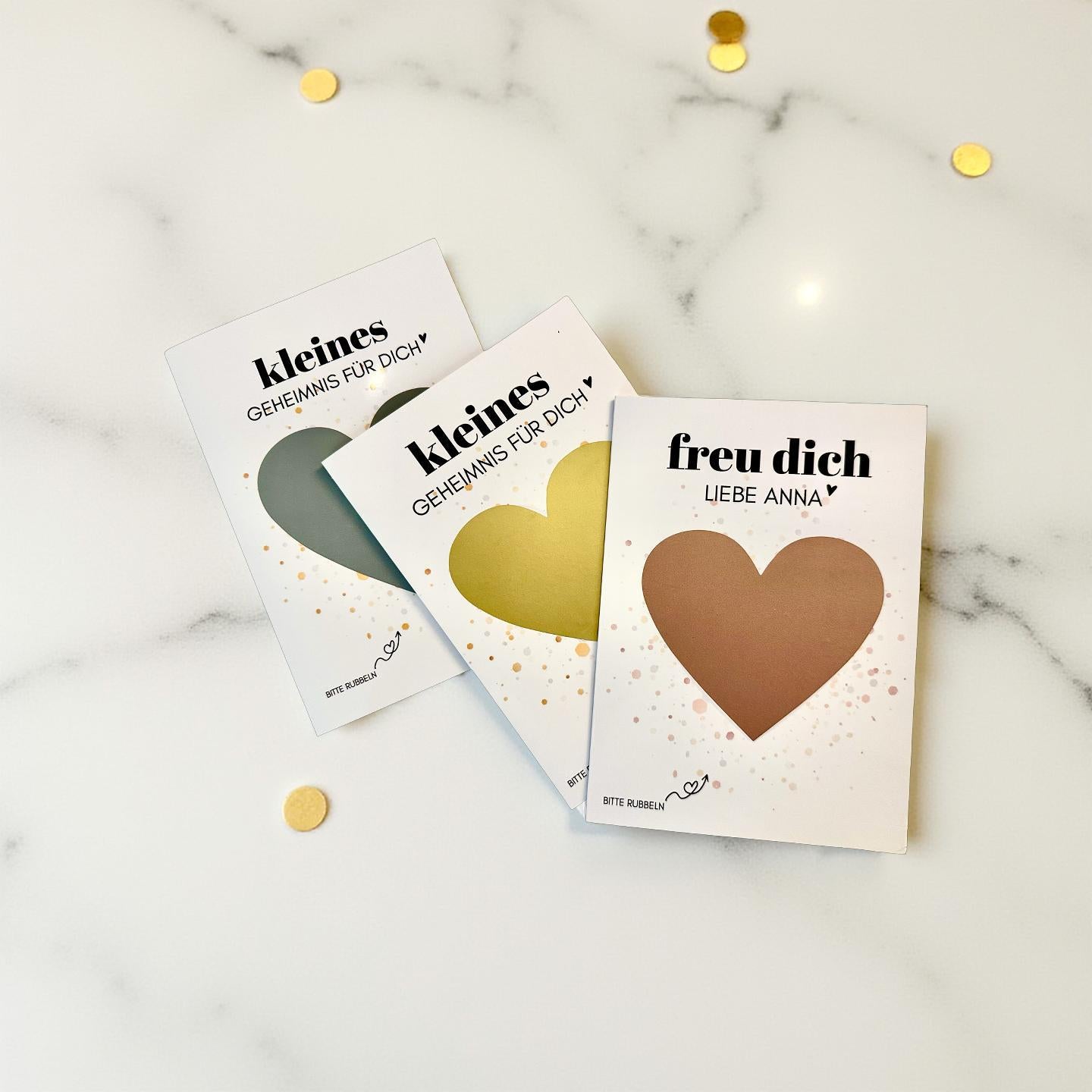 Personalisierte Rubbelkarte mit Rubbelherz und Deinem Text | Klappkarte A6 | Gutschein | Herz in gold, silber, roségold - 24 Motive