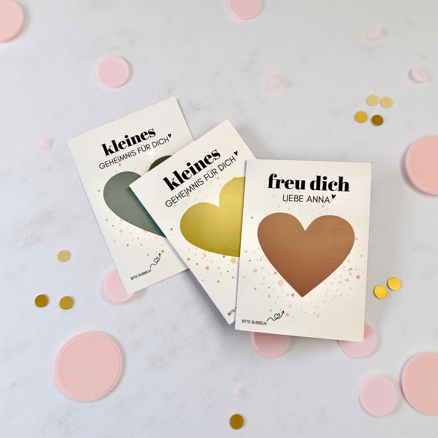 Personalisierte Rubbelkarte mit Rubbelherz und Deinem Text | Klappkarte A6 | Gutschein | Herz in gold, silber, roségold - 24 Motive