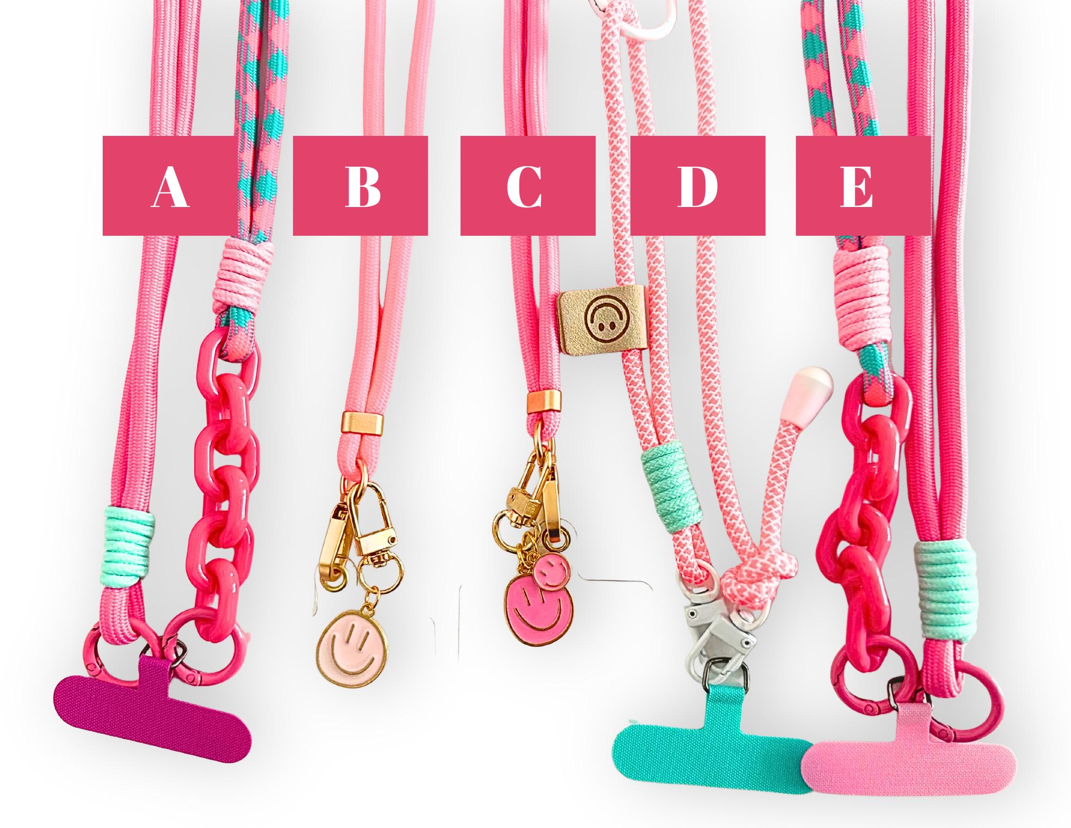 Bunte Handyketten | universal Schnur Band für Mobiltelefone inkl. Adapter | pink | Smiley Anhänger | Ketten Glieder in pink