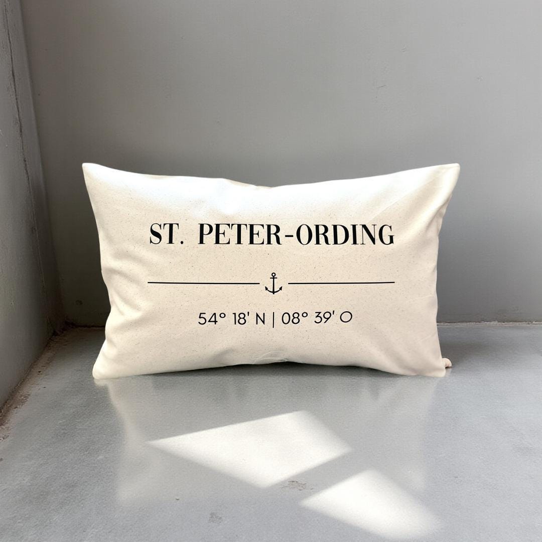 St. Peter-Ording Kissen 30x50 | maritimes Dekokissen Nordsee | Canvas Beige mit Anker & Koordinaten | SPO Geschenk
