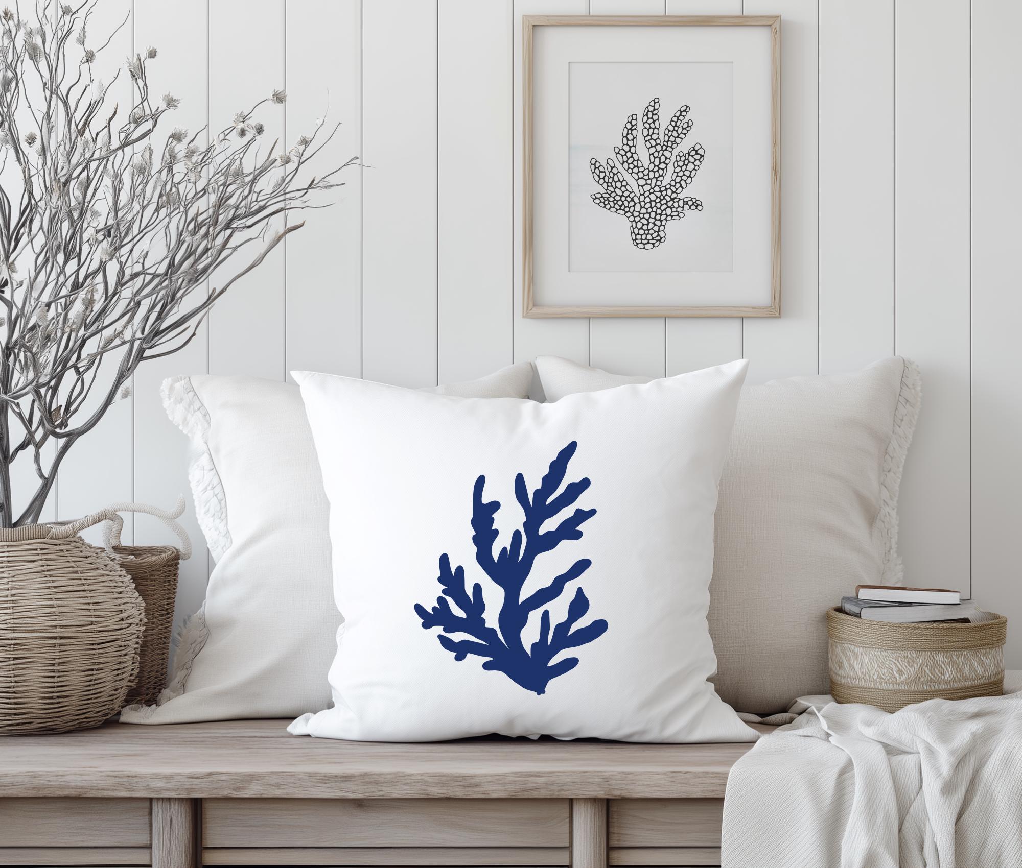 Kissen | Beach House Hamptons Style | 40 x 40 cm | Strandhaus | Beach Coastal Living | Koralle blau weiß