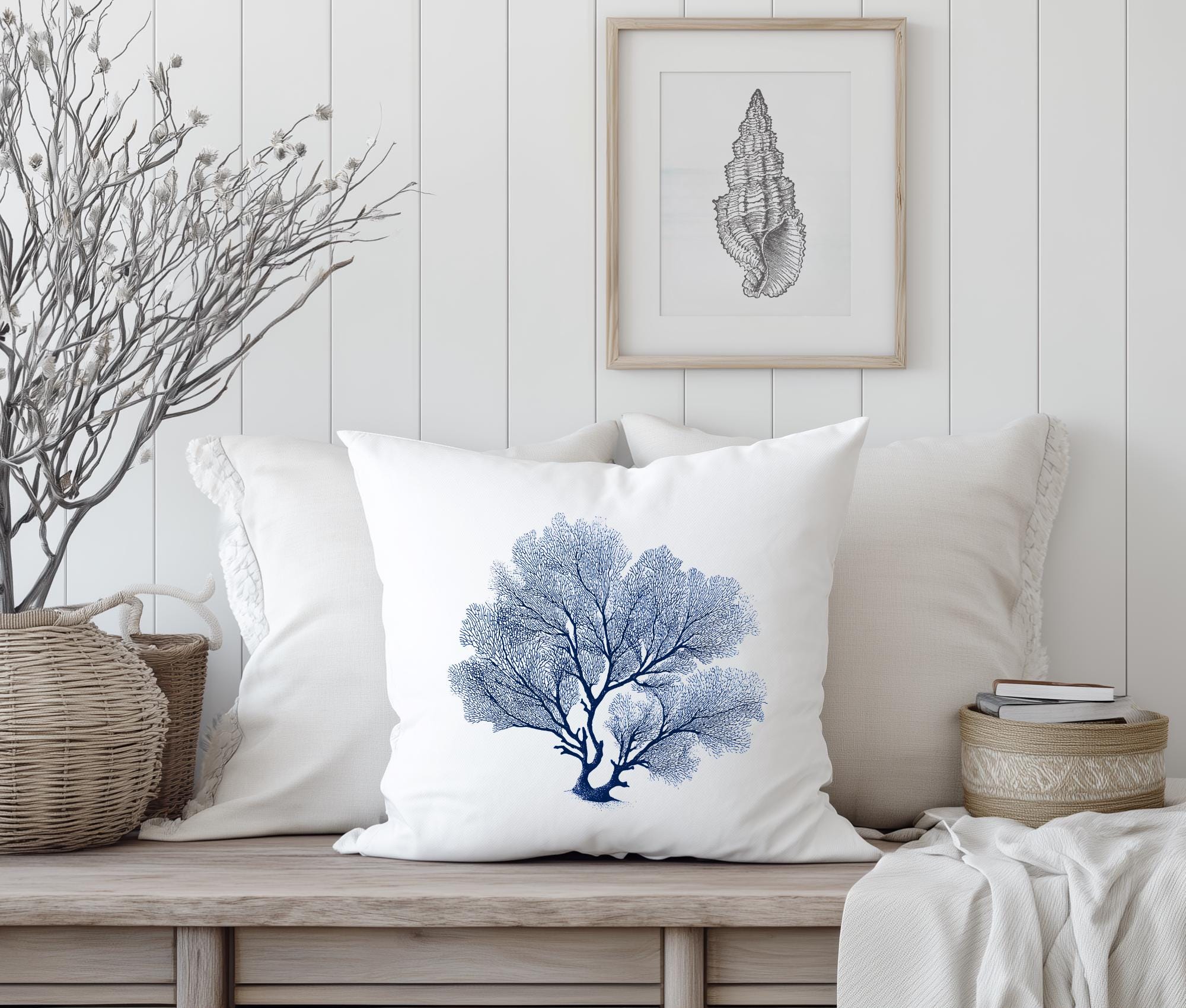 Kissen | Beach House Hamptons Style | 40 x 40 cm | Strandhaus | Beach Coastal Living | Koralle blau weiß