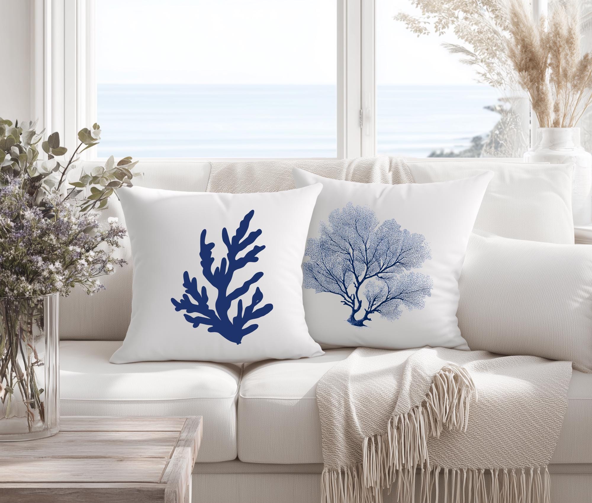 Kissen | Beach House Hamptons Style | 40 x 40 cm | Strandhaus | Beach Coastal Living | Koralle blau weiß