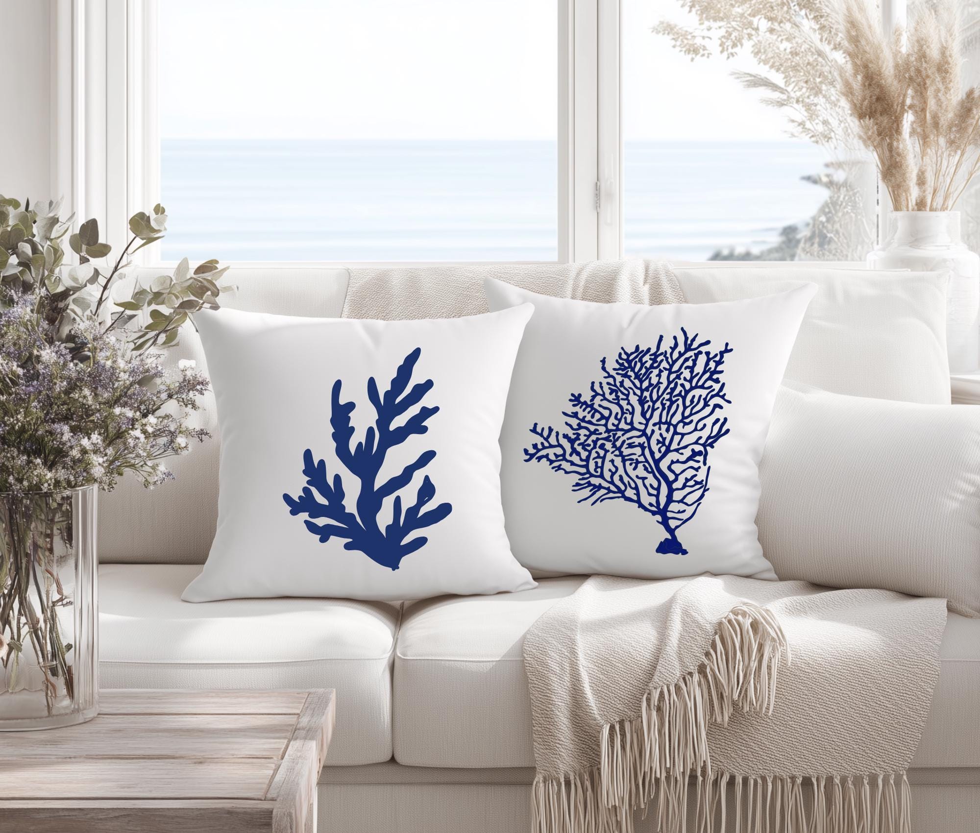 Kissen | Beach House Hamptons Style | 40 x 40 cm | Strandhaus | Beach Coastal Living | Koralle blau weiß