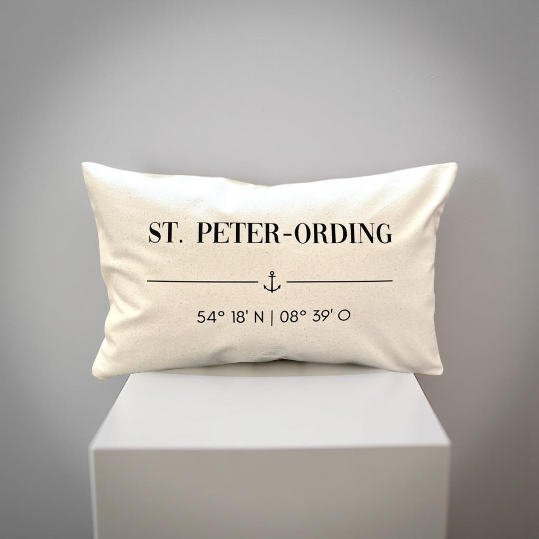St. Peter-Ording Kissen 30x50 | maritimes Dekokissen Nordsee | Canvas Beige mit Anker & Koordinaten | SPO Geschenk
