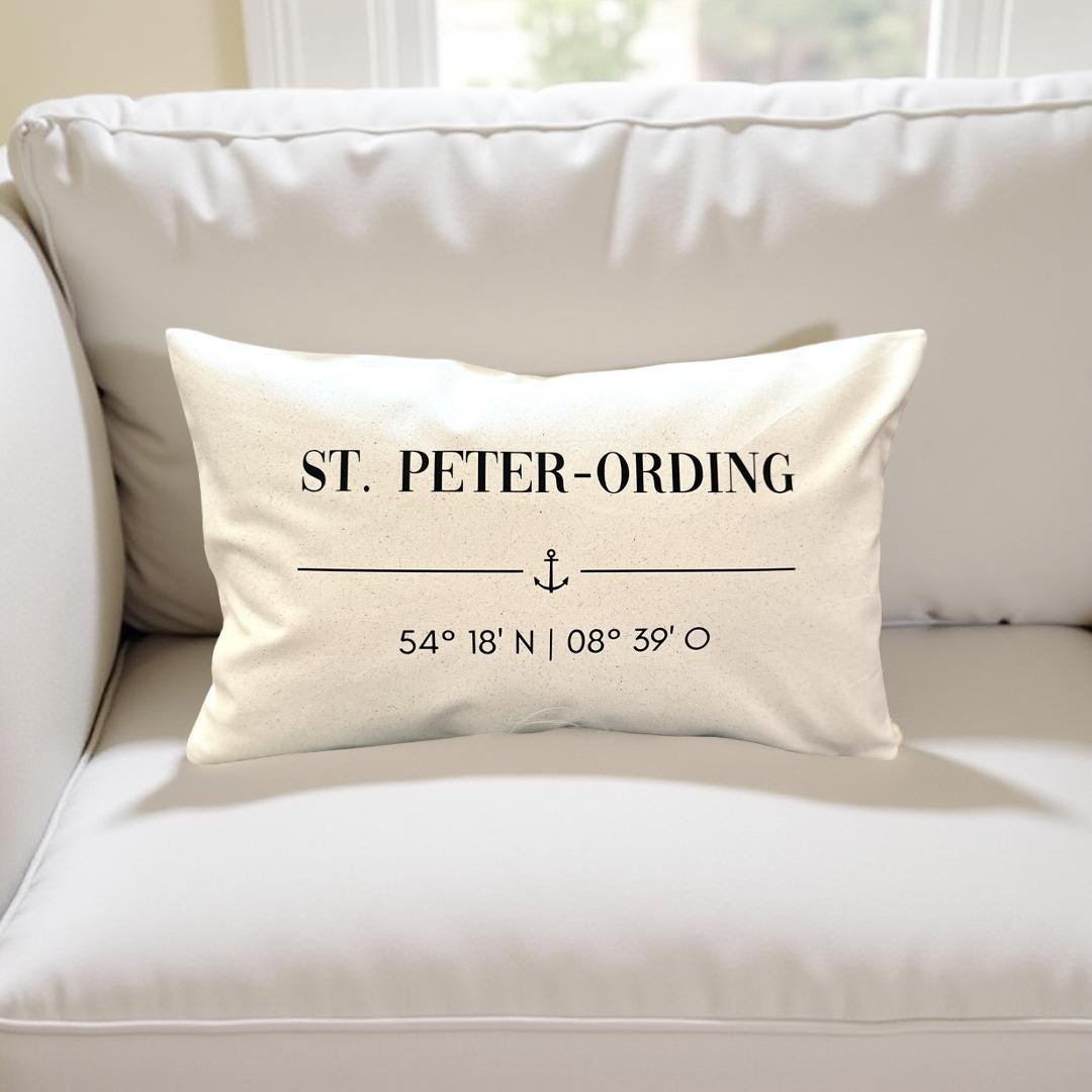 St. Peter-Ording Kissen 30x50 | maritimes Dekokissen Nordsee | Canvas Beige mit Anker & Koordinaten | SPO Geschenk