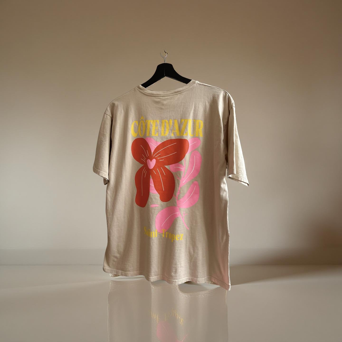 Cote d' Azur T-Shirt in beige mit Rückenprint | St Tropez Logo Front | one size