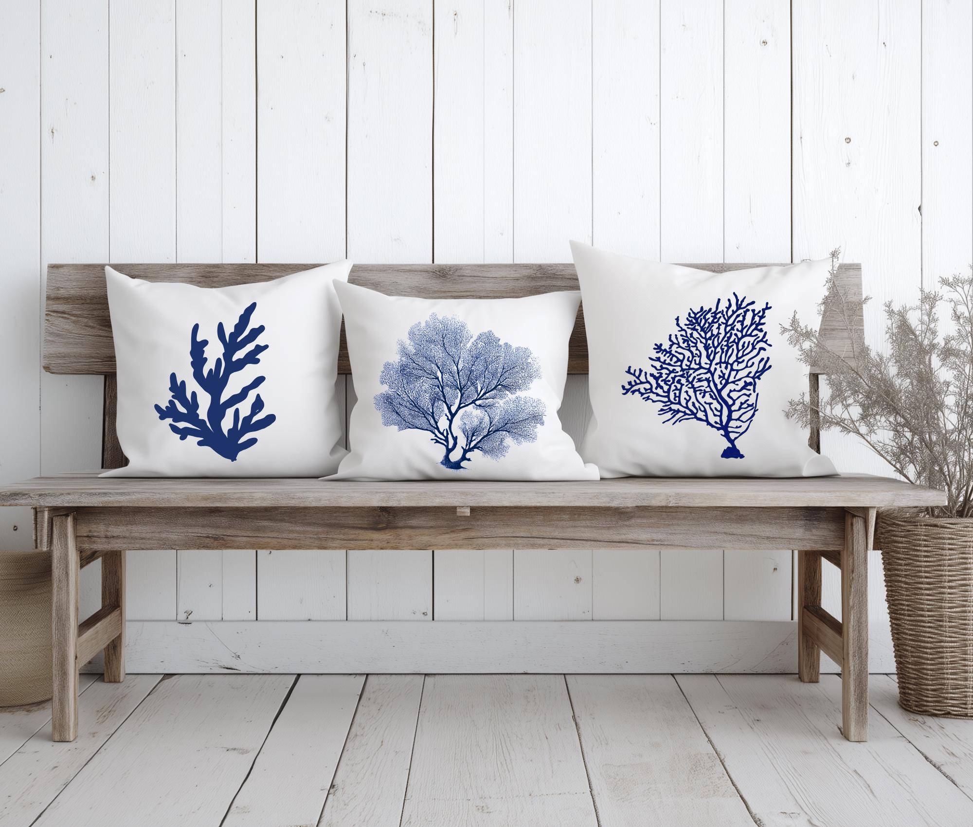 Kissen | Beach House Hamptons Style | 40 x 40 cm | Strandhaus | Beach Coastal Living | Koralle blau weiß