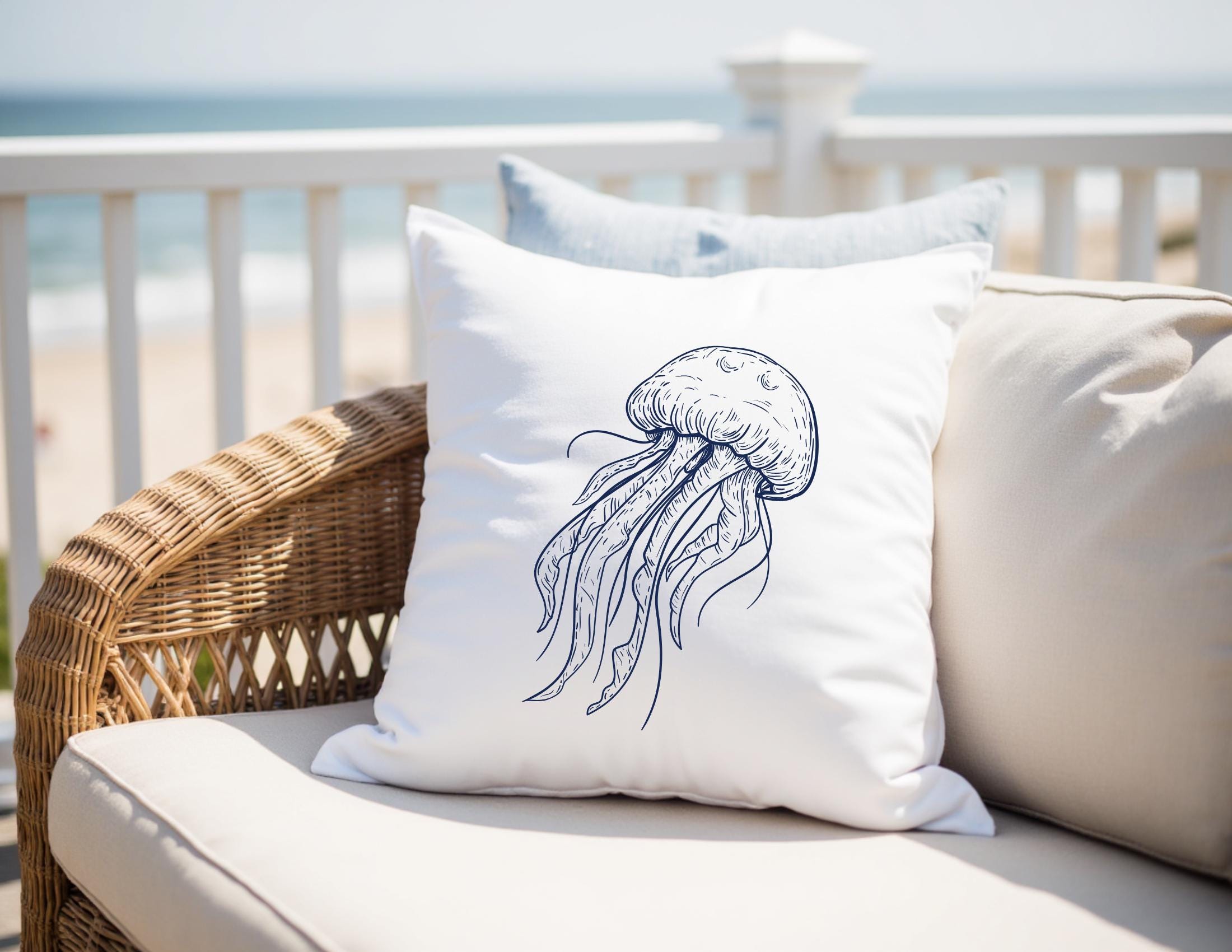 Kissen | Beach House Hamptons Style | 40 x 40 cm | Strandhaus | Oktopus Qualle blau weiß