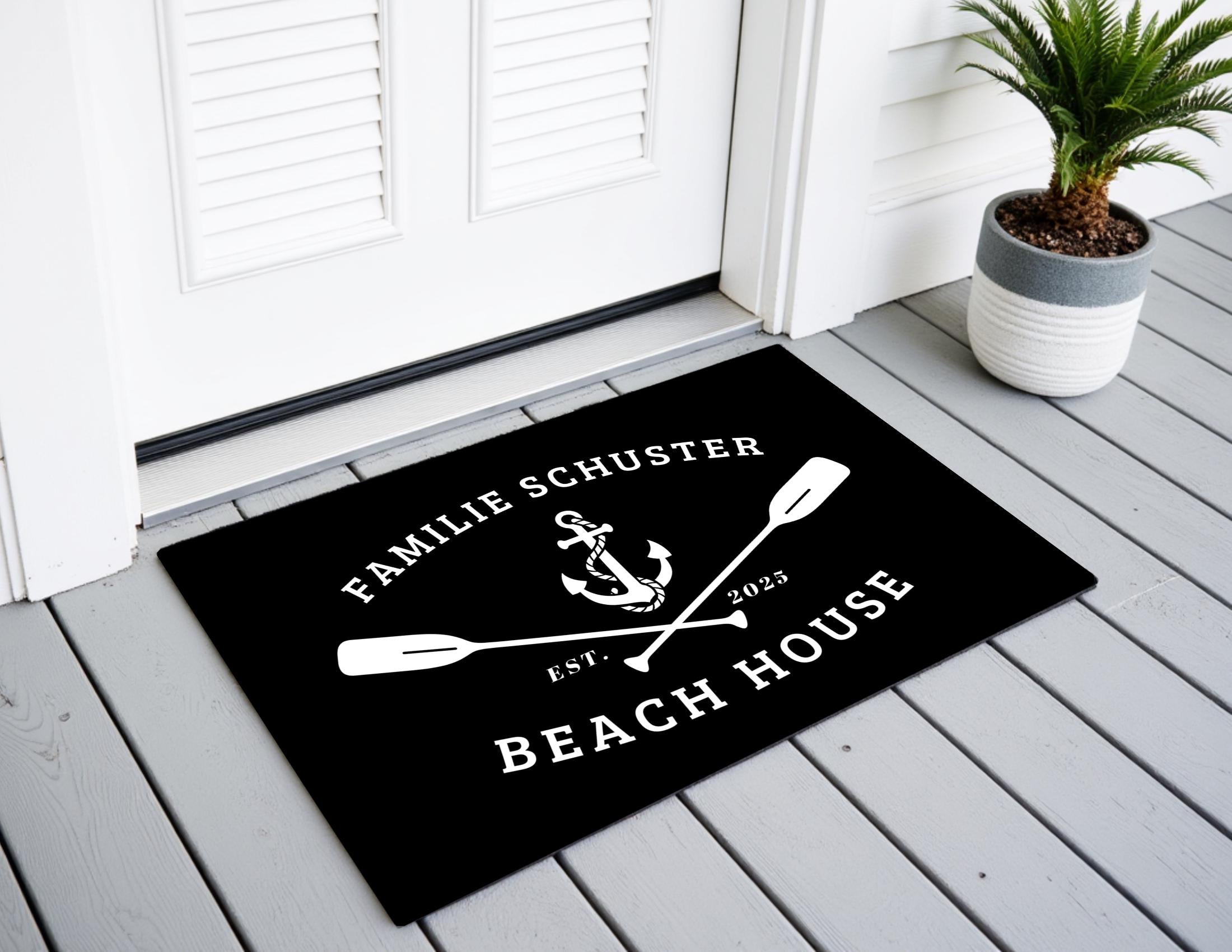 Fußmatte Beach House | Personalisierter Fußabtreter mit Namen, Jahreszahl, blaugrau, grau oder schwarz