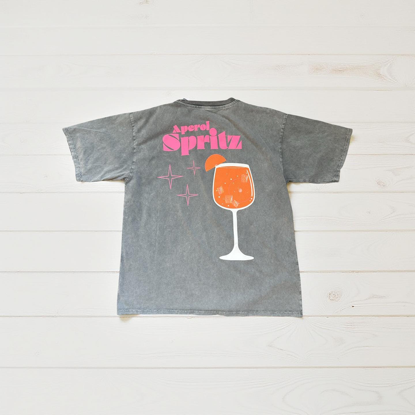 T-Shirt in grau vintage mit Rückenprint | Aperol Spritz und Logo Front | one size