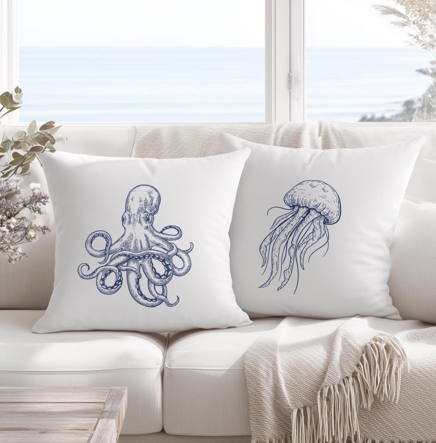 Kissen | Beach House Hamptons Style | 40 x 40 cm | Strandhaus | Oktopus Qualle blau weiß
