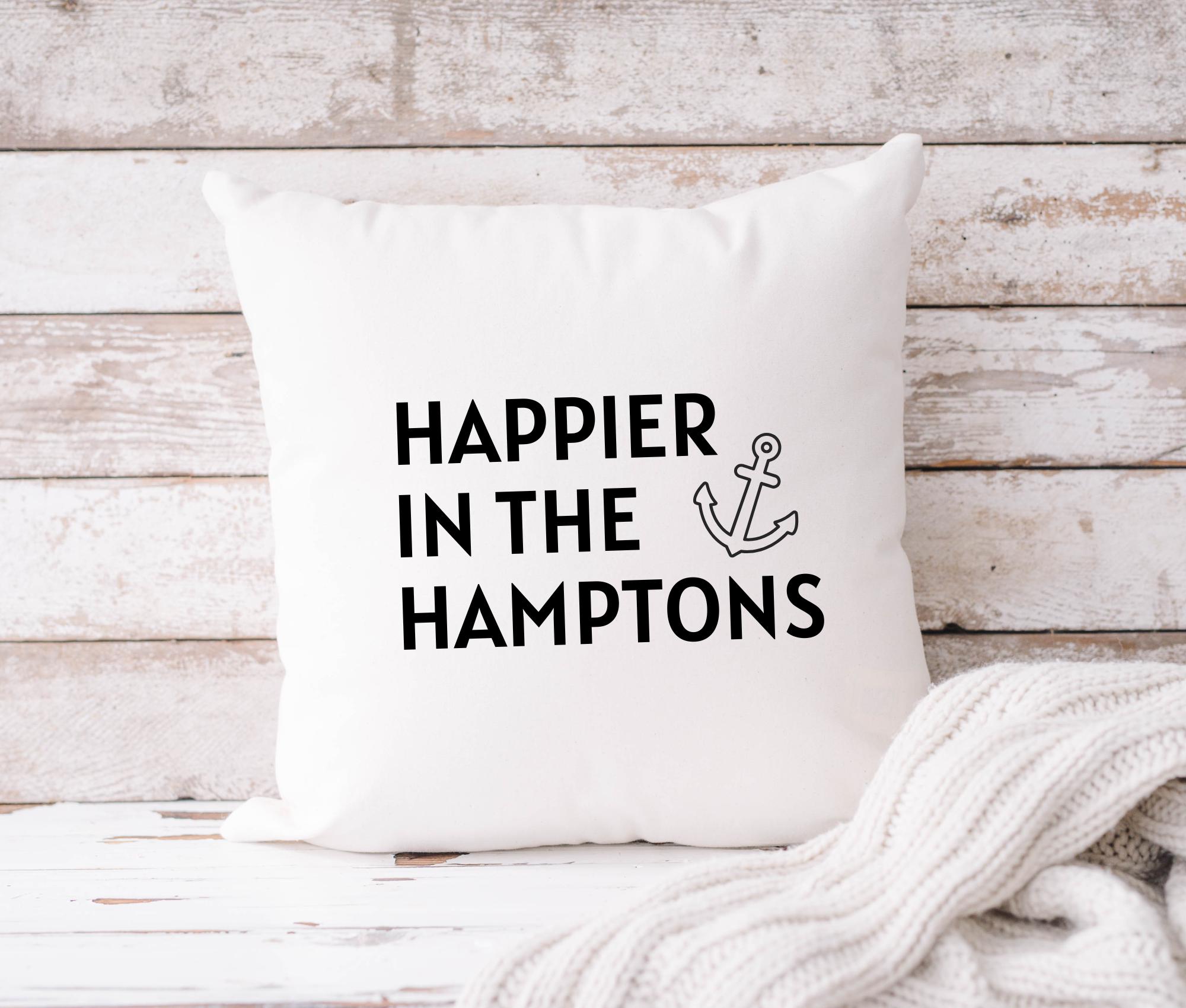 Kissen | Happier in the Hamptons | 40 x 40 cm | Strandhaus Beach House | schwarz weiß Anker