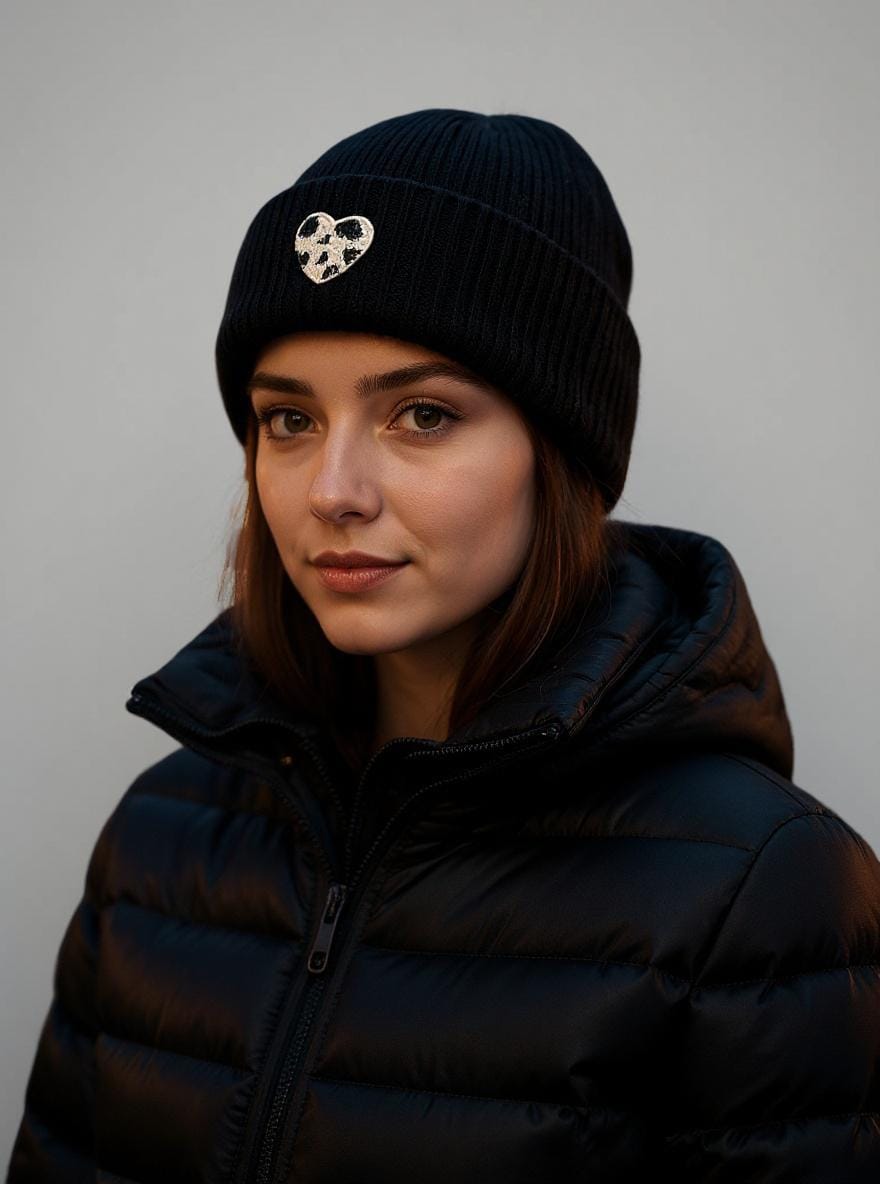 Strick Mütze | mit gesticktem Leo Herz | Leoherz | schwarz, grau, hellgrau, taupe