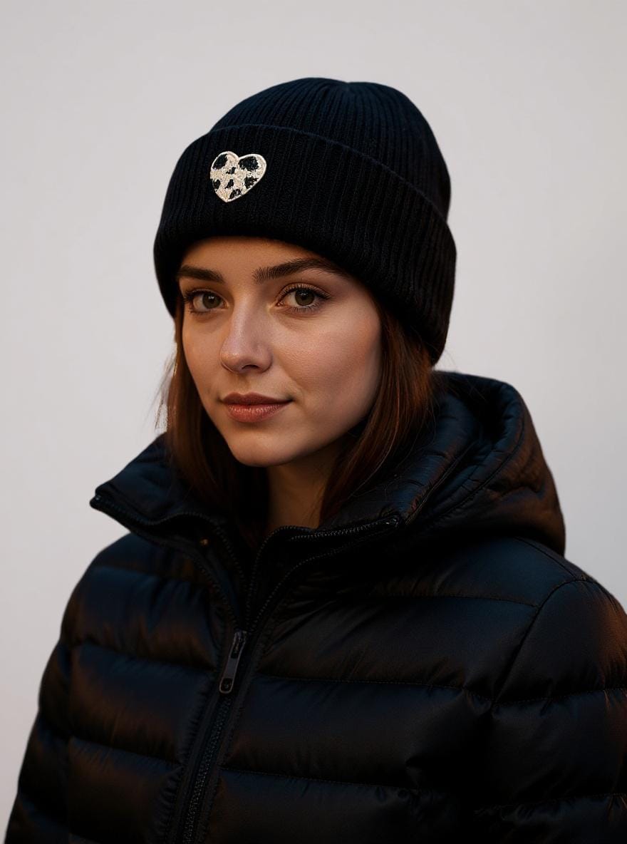 Strick Mütze | mit gesticktem Leo Herz | Leoherz | schwarz, grau, hellgrau, taupe