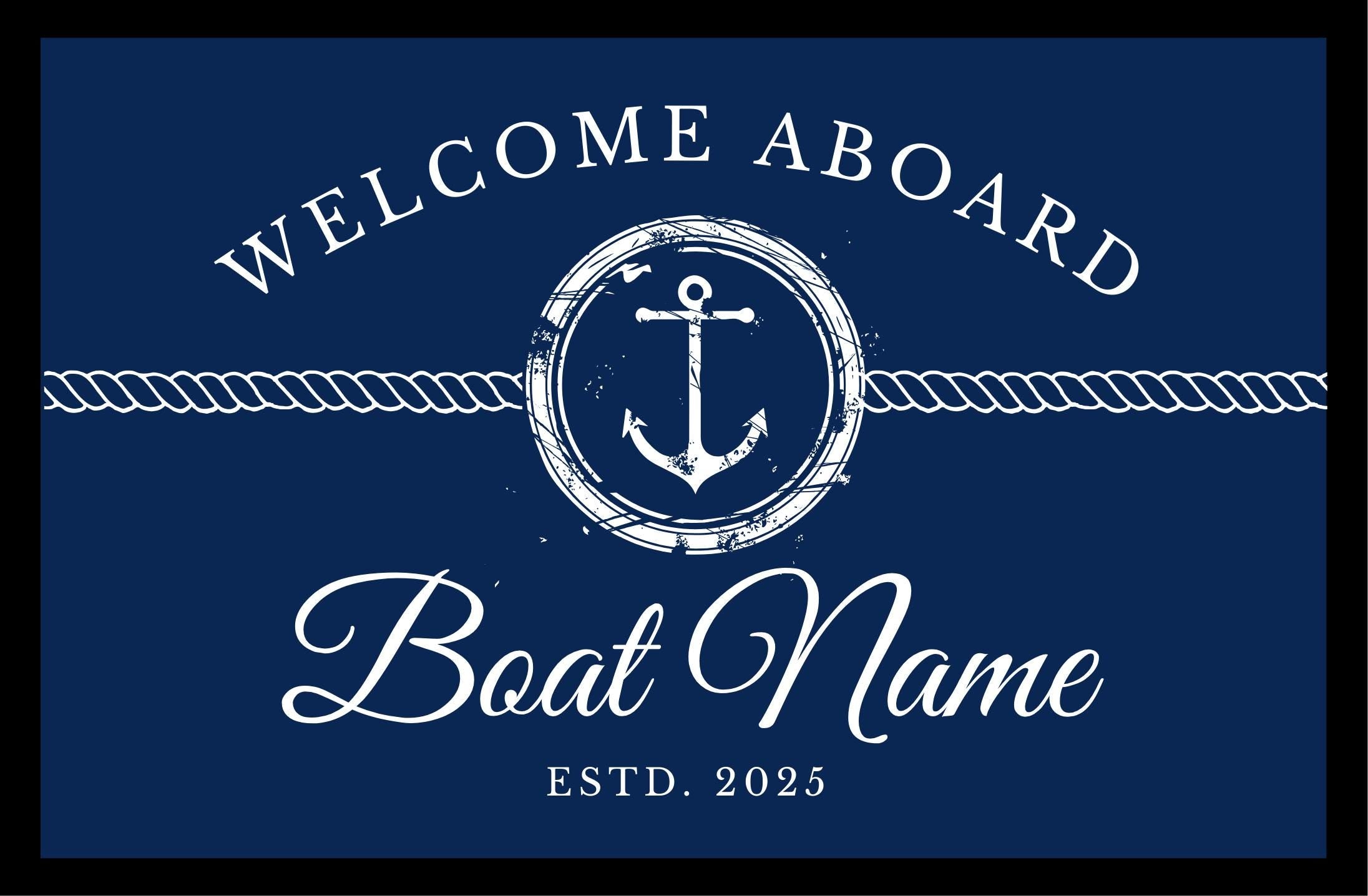Fußmatte Boot Yacht Schiff | Personalisierter Fußabtreter mit Bootsnamen und Jahreszahl in blau weiß, Rand schwarz