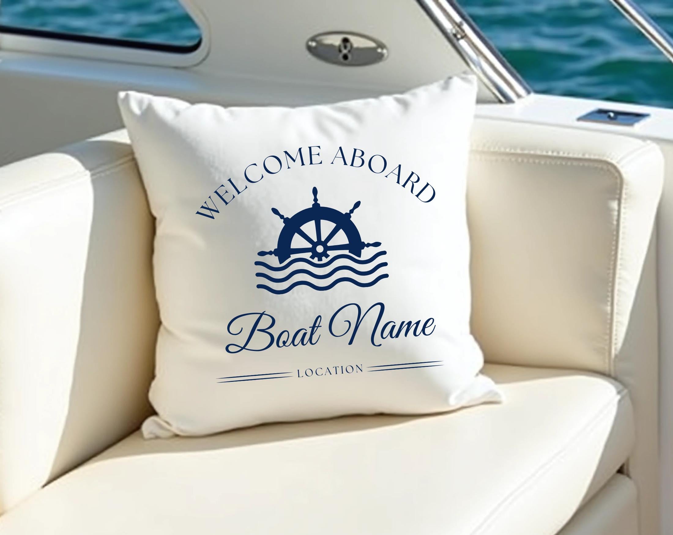 Maritime Kissen für Boot Yacht | 40 x 40 cm | personalisiert mit Bootsnamen, Location, Jahreszahl | weiß mit blauer Schrift | zwei Motive