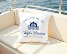 Maritime Kissen für Boot Yacht | 40 x 40 cm | personalisiert mit Bootsnamen, Location, Jahreszahl | weiß mit blauer Schrift | zwei Motive