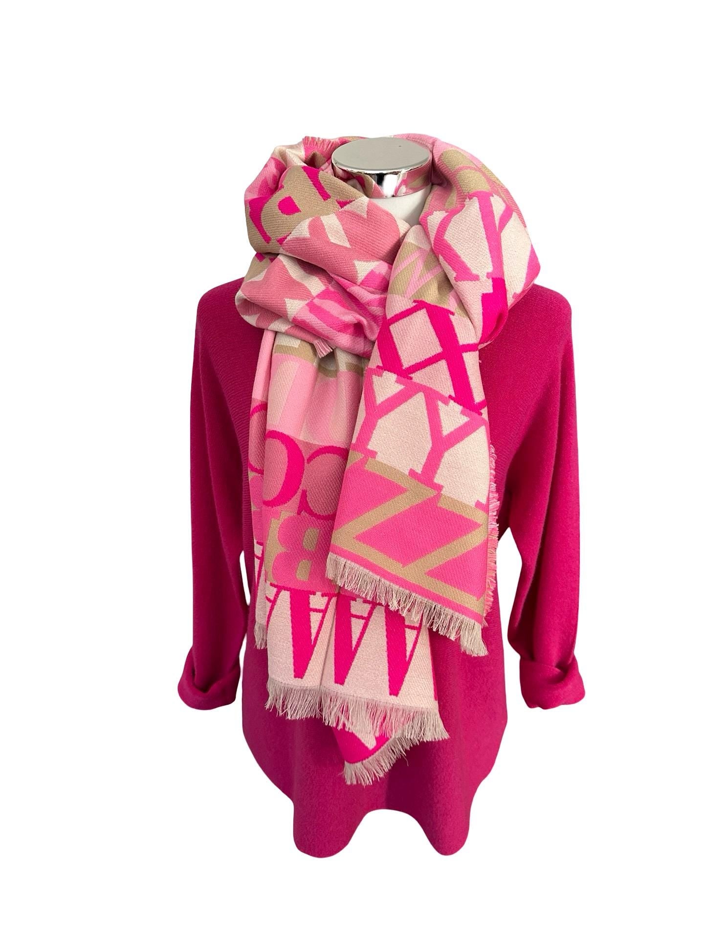 Breiter Schal Alphabet Buchstaben in Rosa, weiß und pink| Viskose | Webschal Tuch Stola | 180 x 70 cm