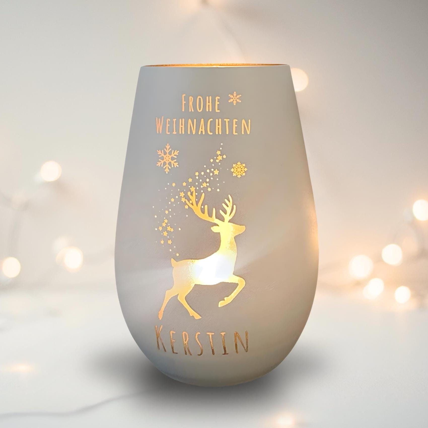 Windlicht Weihnachten personalisiert | gelasertes Glas innen gold | außen schwarz oder weiß | diverse Motive mit Deinem Namen