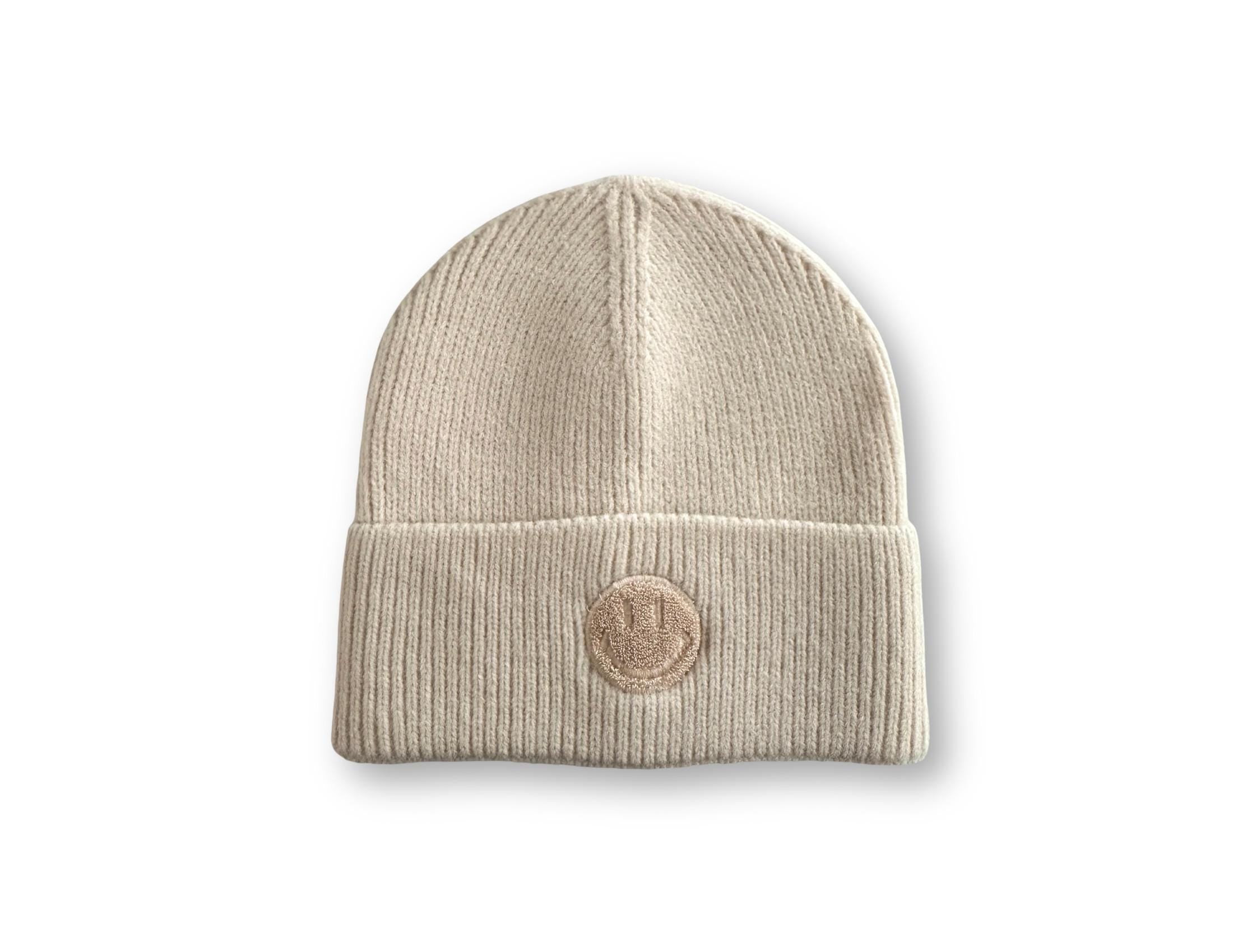 Strick Mütze mit gesticktem Smiley | Beanie in dunkelgrau, hellgrau, taupe, beige und pink | gestrickte Mütze