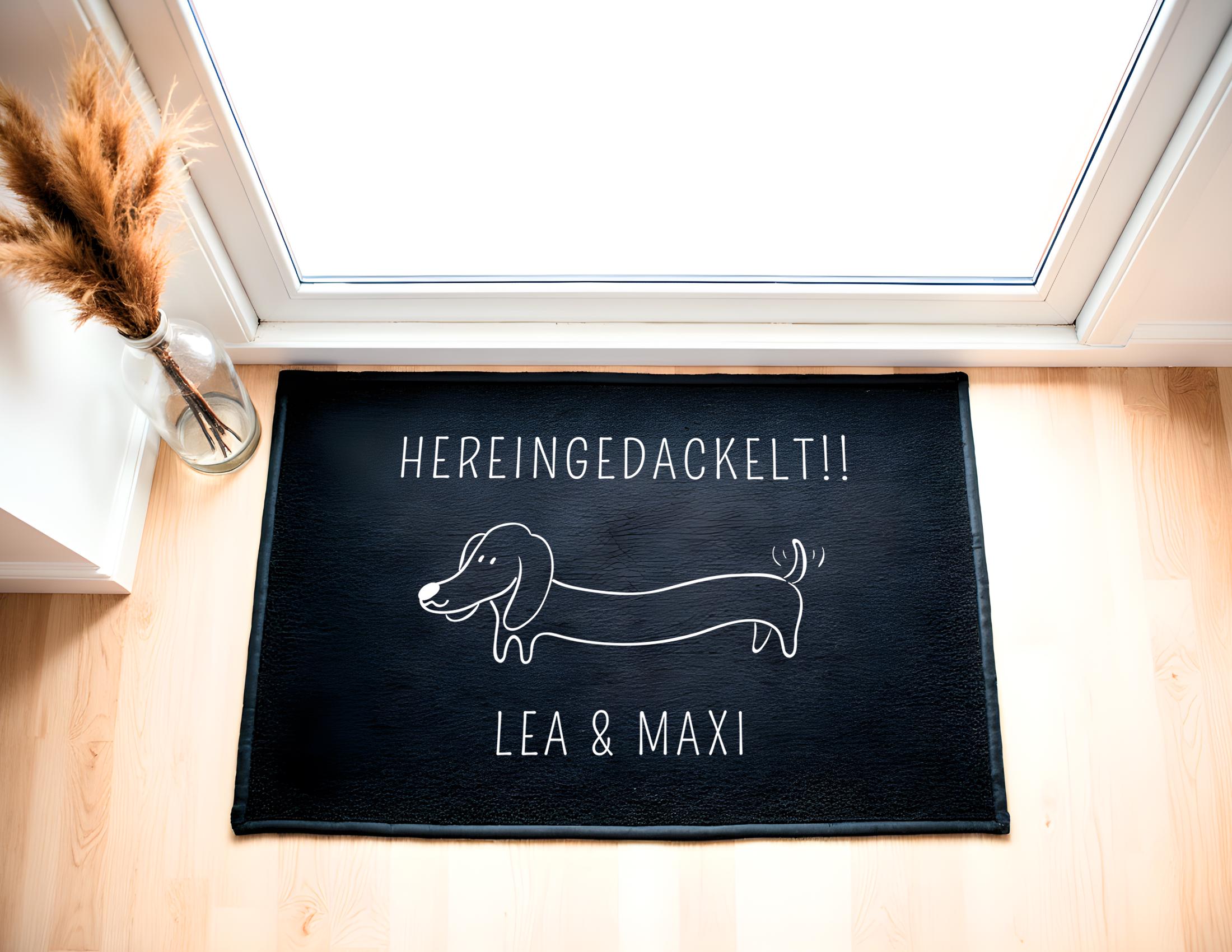 Fußmatte Hereingedackelt | Personalisierter Fußabtreter mit Namen und Dackelmotiv