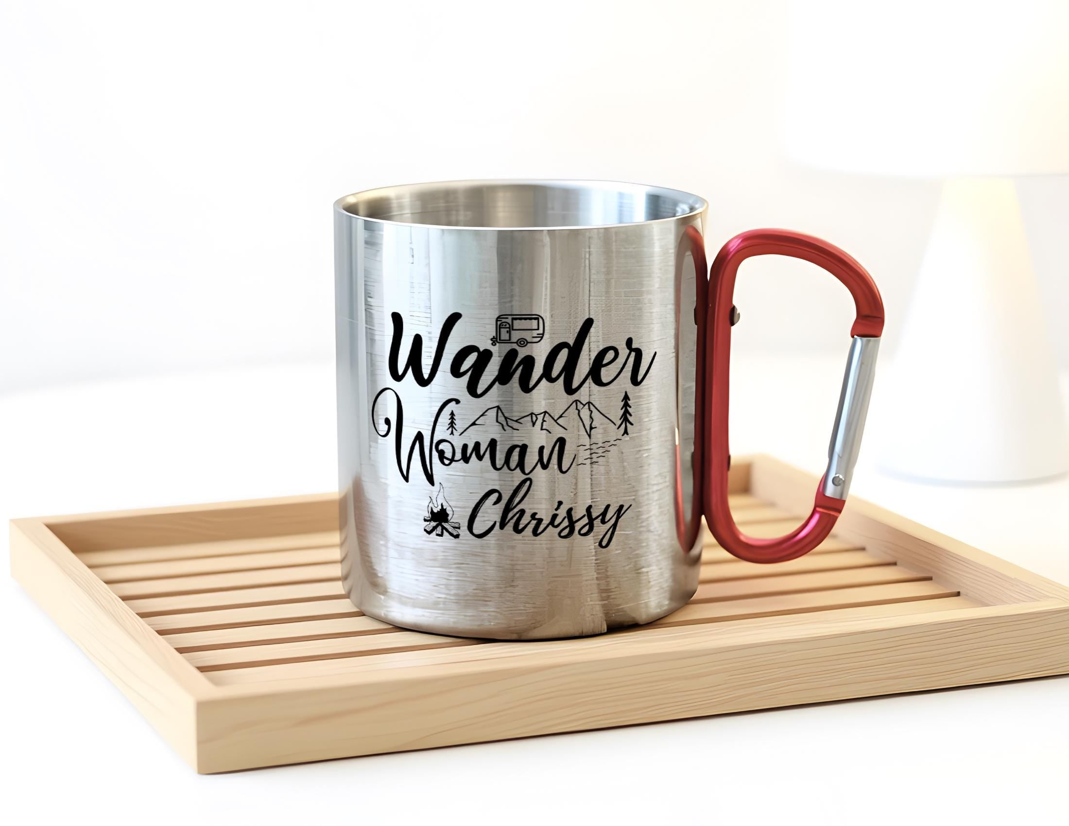 Karabinertasse | Personalisierbare Tasse für Camping Wandern Bergsteigen | Wander Woman | Edelstahltasse mit Karabiner | Karabinertasse