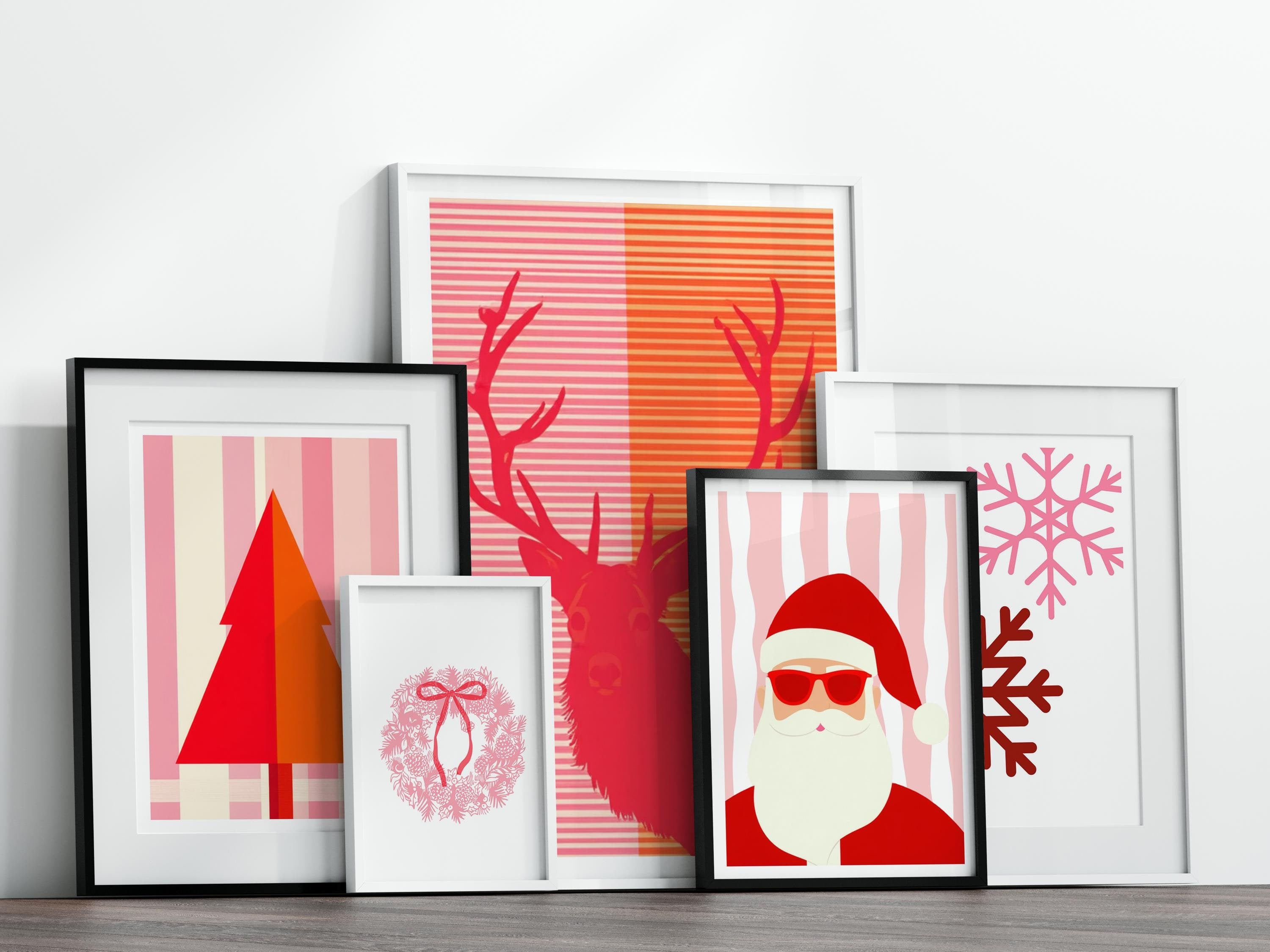 Weihnachts-Poster | 9 Grafik-Motive in Pink Rot Orange | digitaler download als PNG und JPG