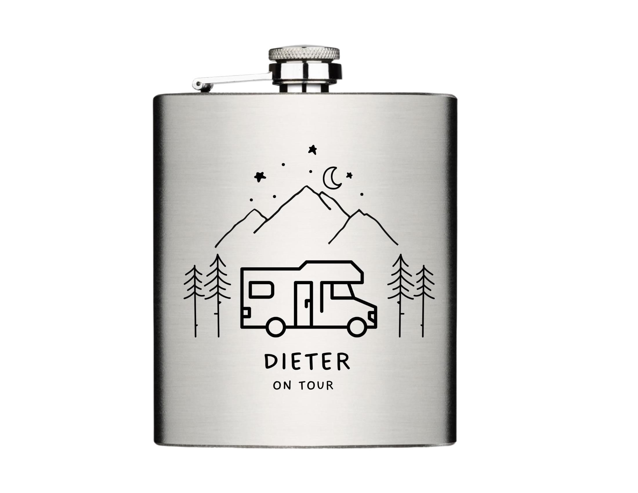 Camper Flachmann | personalisiertes Geschenk Camping | Edelstahl Flasche | Lasergravur | Name, Text & WoMo nach Wunsch einsetzbar