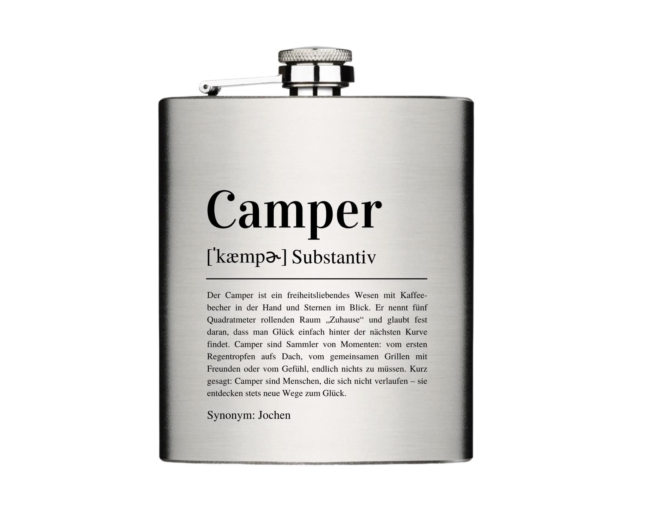 Camping Flachmann mit Definition von Camper | personalisiertes Geschenk | Edelstahl Flasche | Lasergravur mit Name