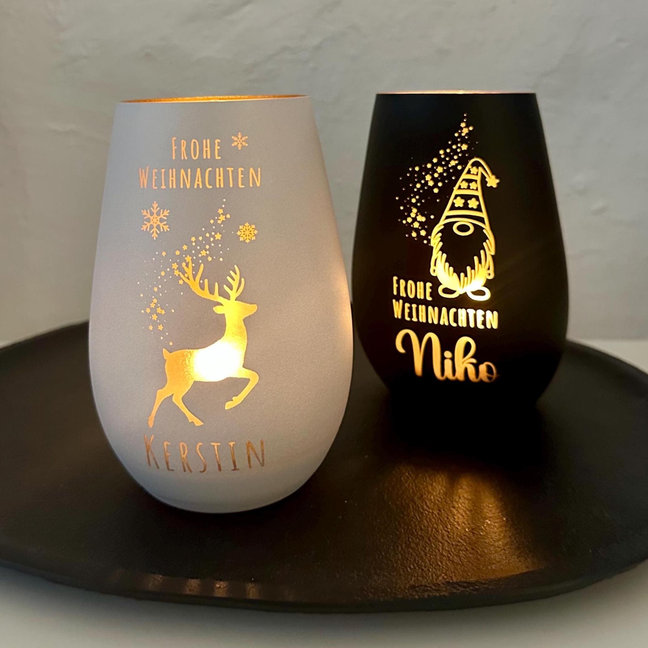 Windlicht Weihnachten personalisiert | gelasertes Glas innen gold | außen schwarz oder weiß | diverse Motive mit Deinem Namen