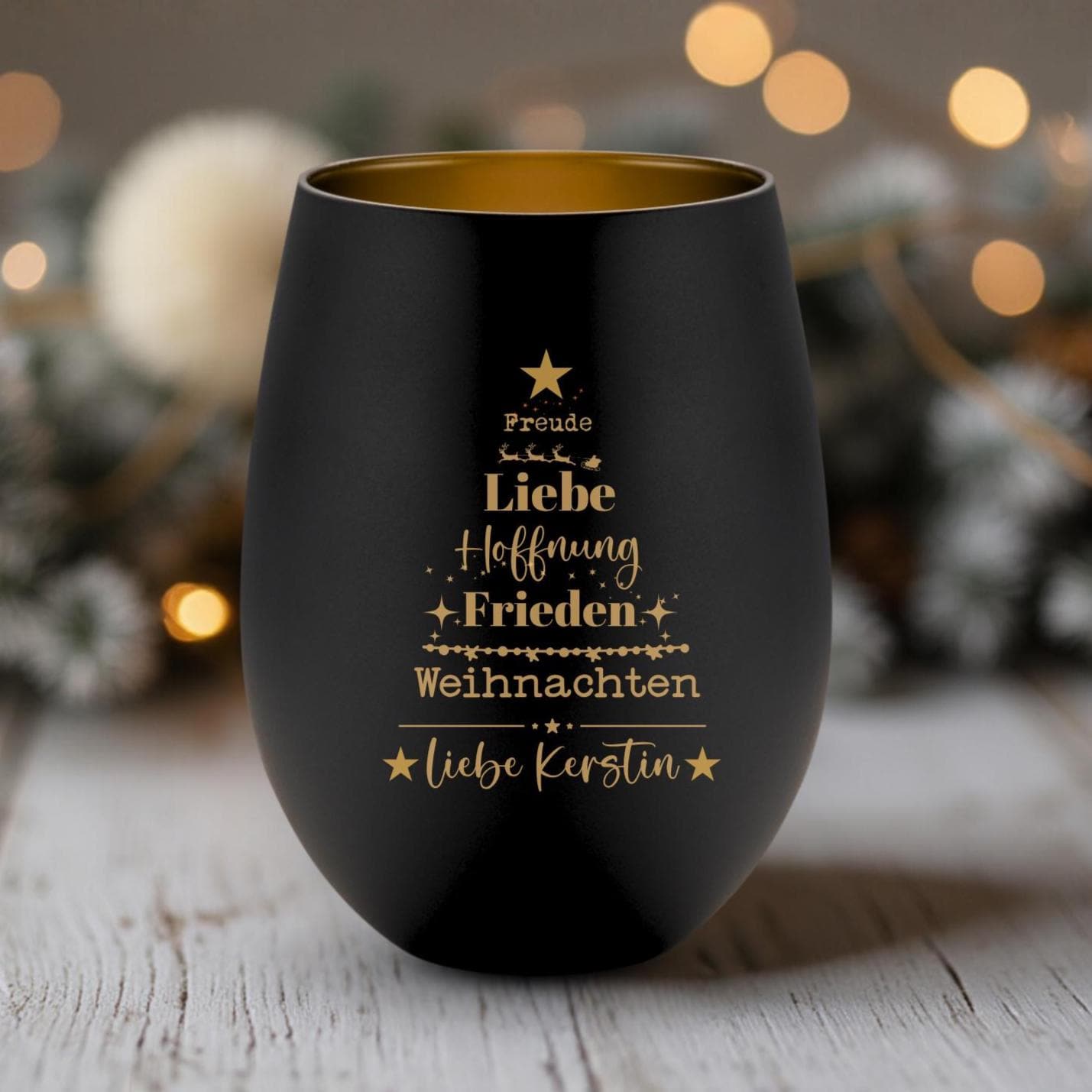 Windlicht Weihnachten personalisiert | gelasertes Glas innen gold | außen schwarz oder weiß | diverse Motive mit Deinem Namen