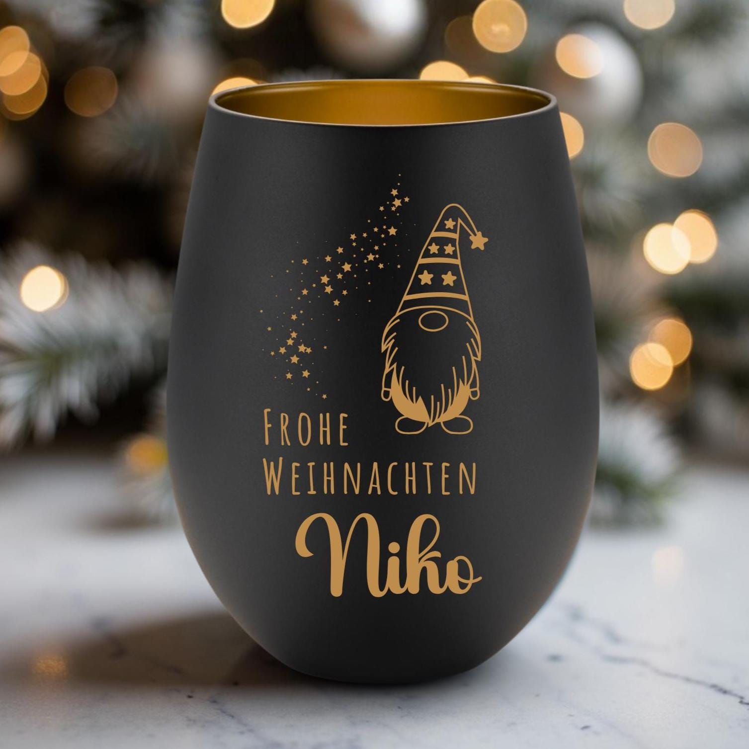 Windlicht Weihnachten personalisiert | gelasertes Glas innen gold | außen schwarz oder weiß | diverse Motive mit Deinem Namen